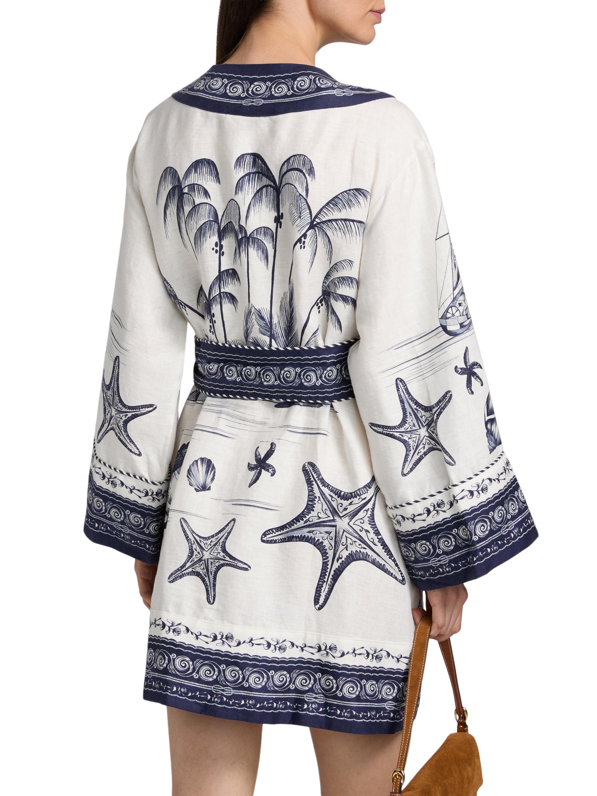 Farm Rio Women's Coast Scarf Linen Tie-Waist Minidress - Off White | Thumbnail 5