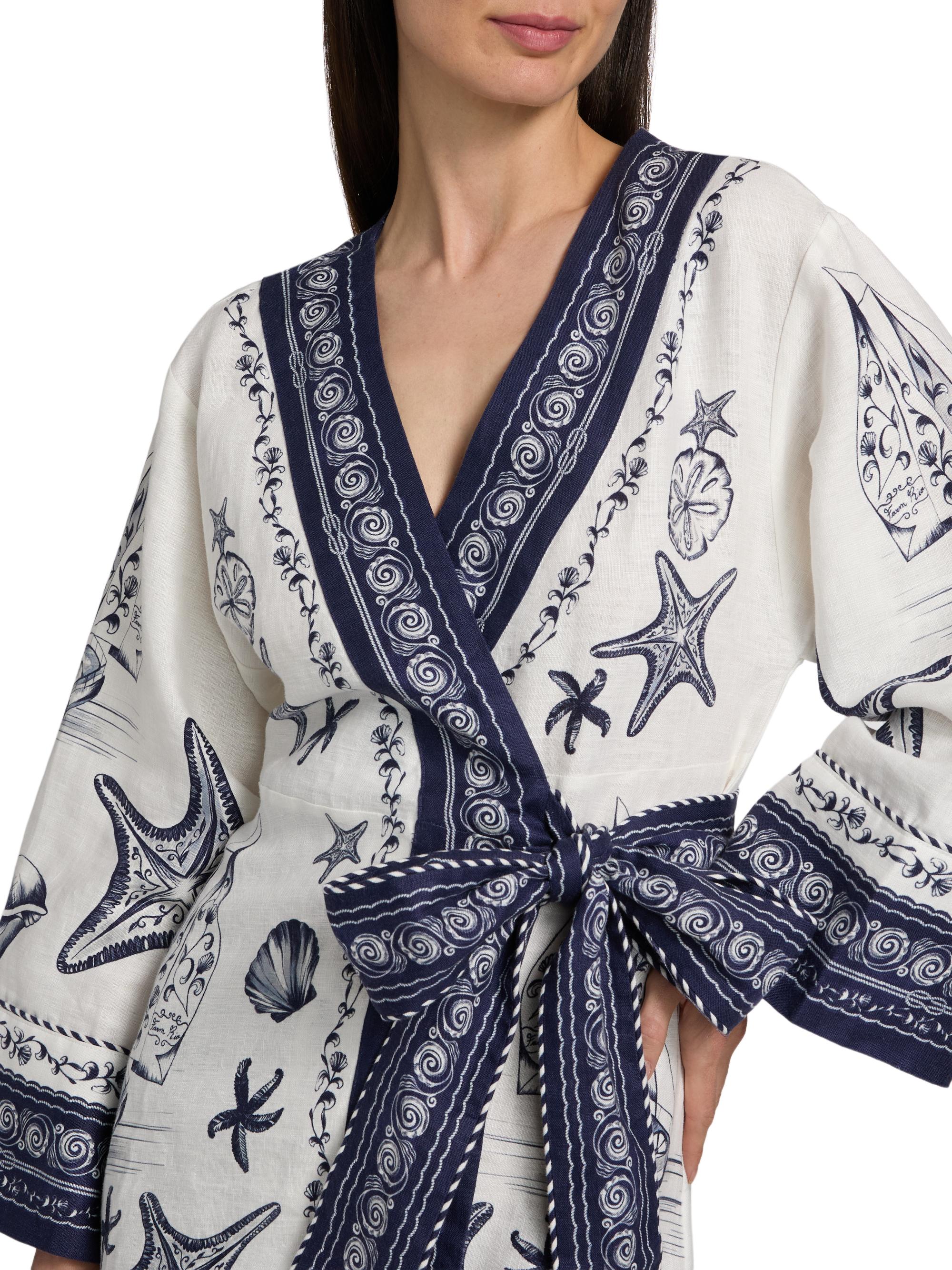 Farm Rio Women's Coast Scarf Linen Tie-Waist Minidress - Off White | Thumbnail 6