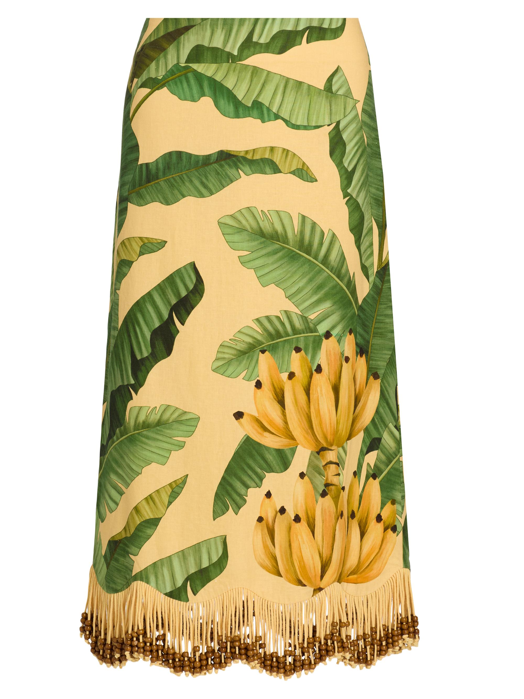 Farm Rio Women's Beaded Fringed Printed Linen-Blend Midi-Skirt - Yellow