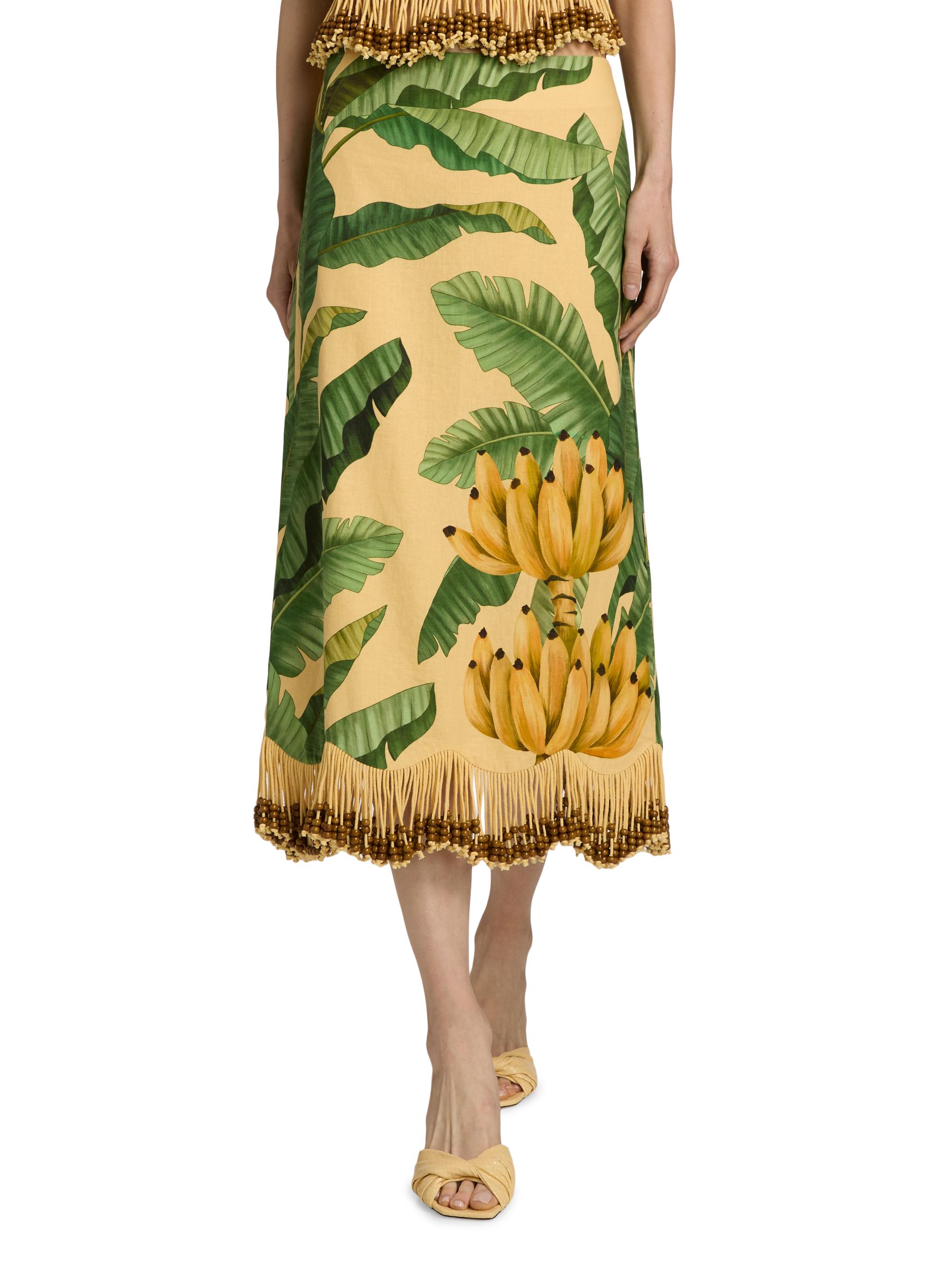 Farm Rio Women's Beaded Fringed Printed Linen-Blend Midi-Skirt - Yellow | Thumbnail 3