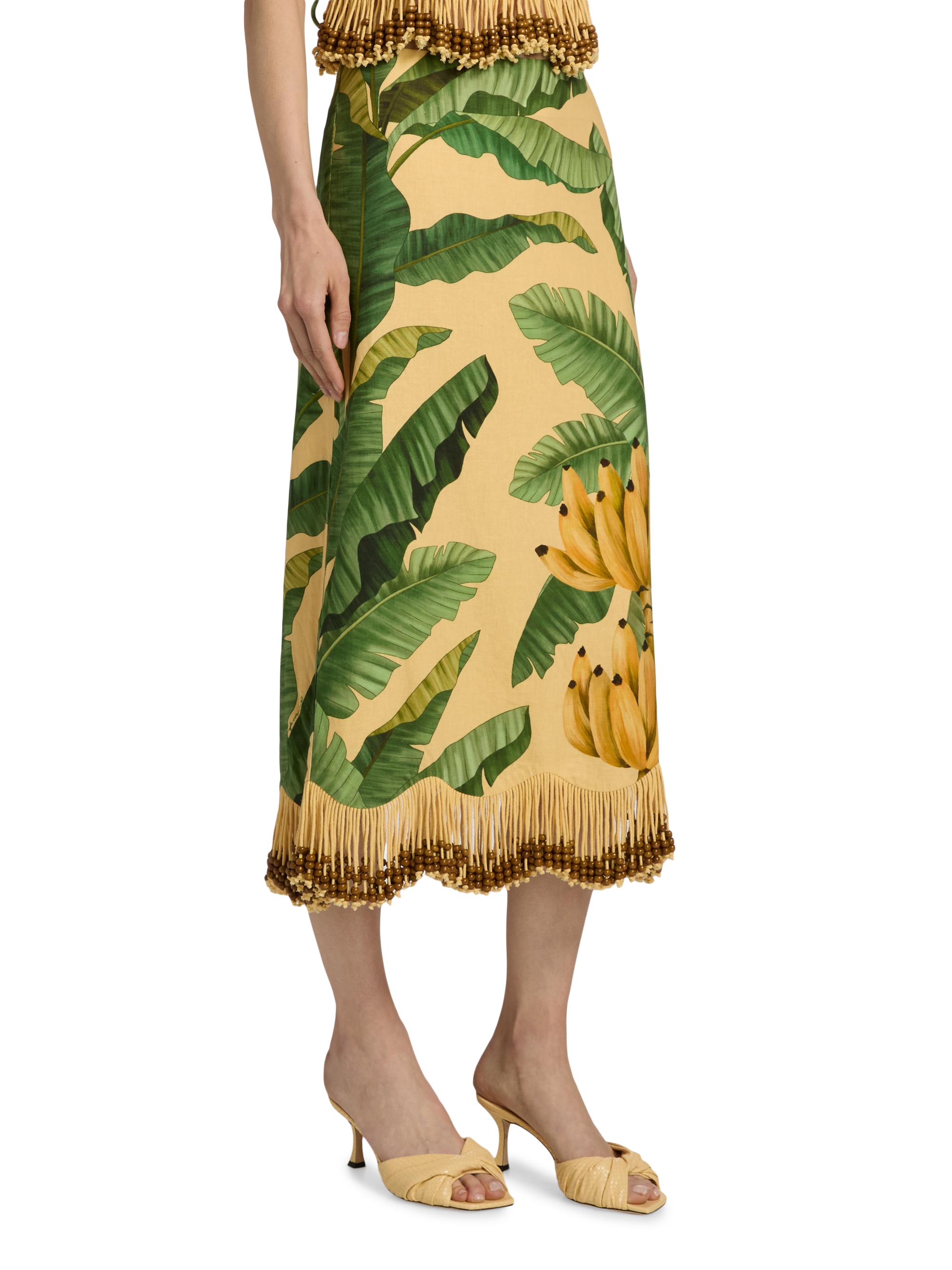 Farm Rio Women's Beaded Fringed Printed Linen-Blend Midi-Skirt - Yellow | Thumbnail 4