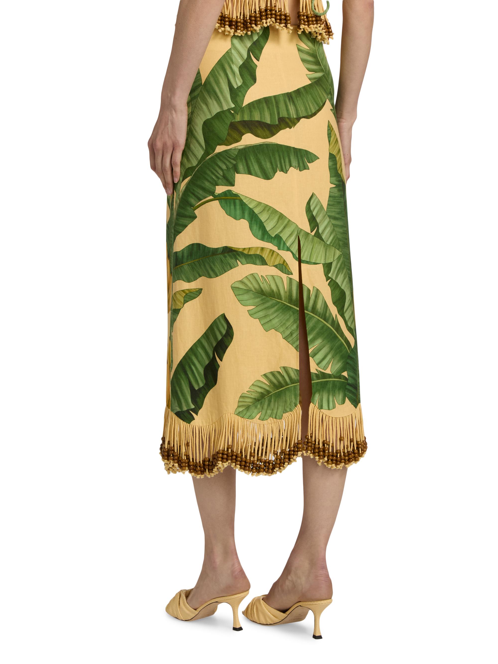Farm Rio Women's Beaded Fringed Printed Linen-Blend Midi-Skirt - Yellow | Thumbnail 5