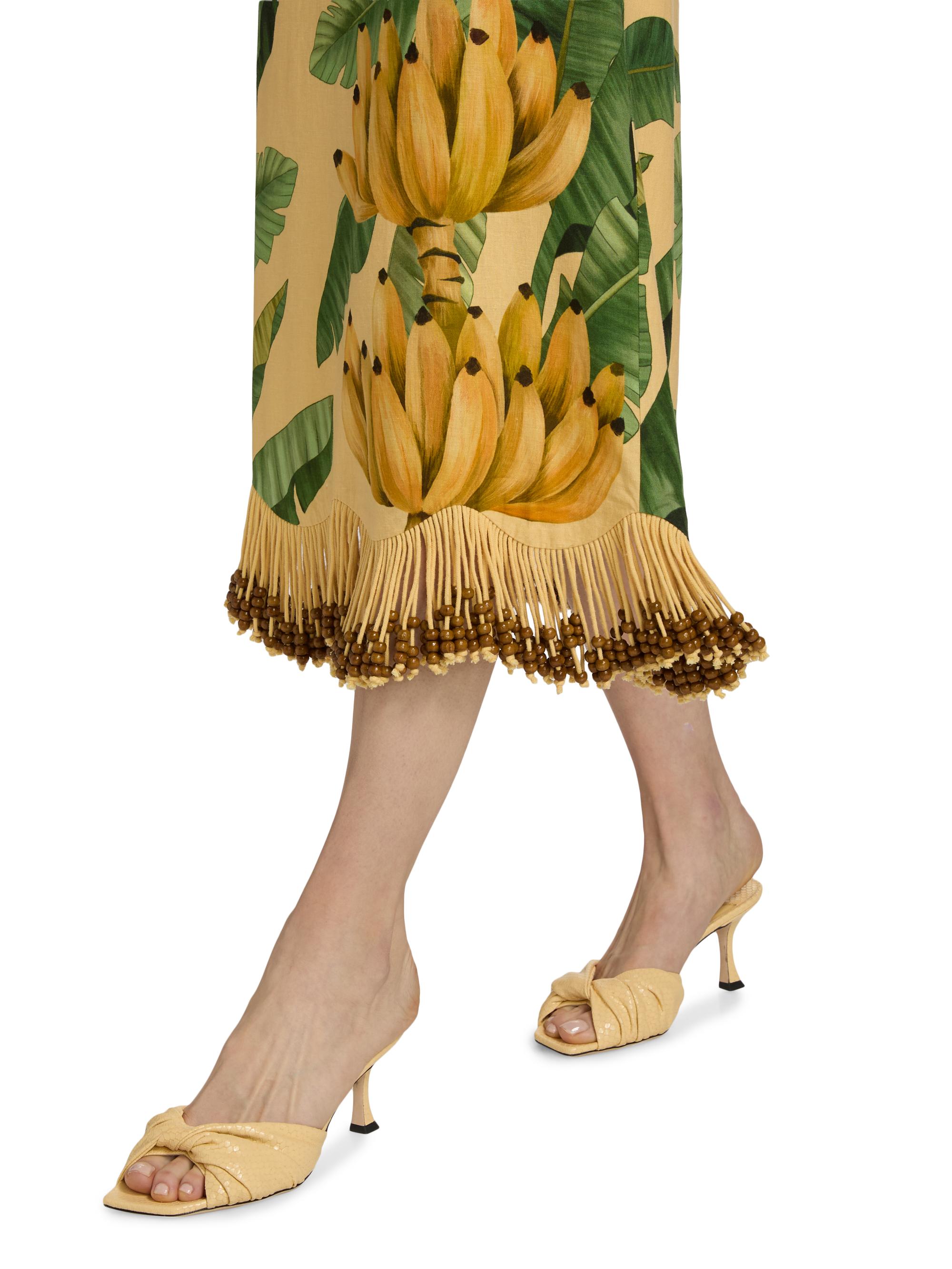 Farm Rio Women's Beaded Fringed Printed Linen-Blend Midi-Skirt - Yellow | Thumbnail 6