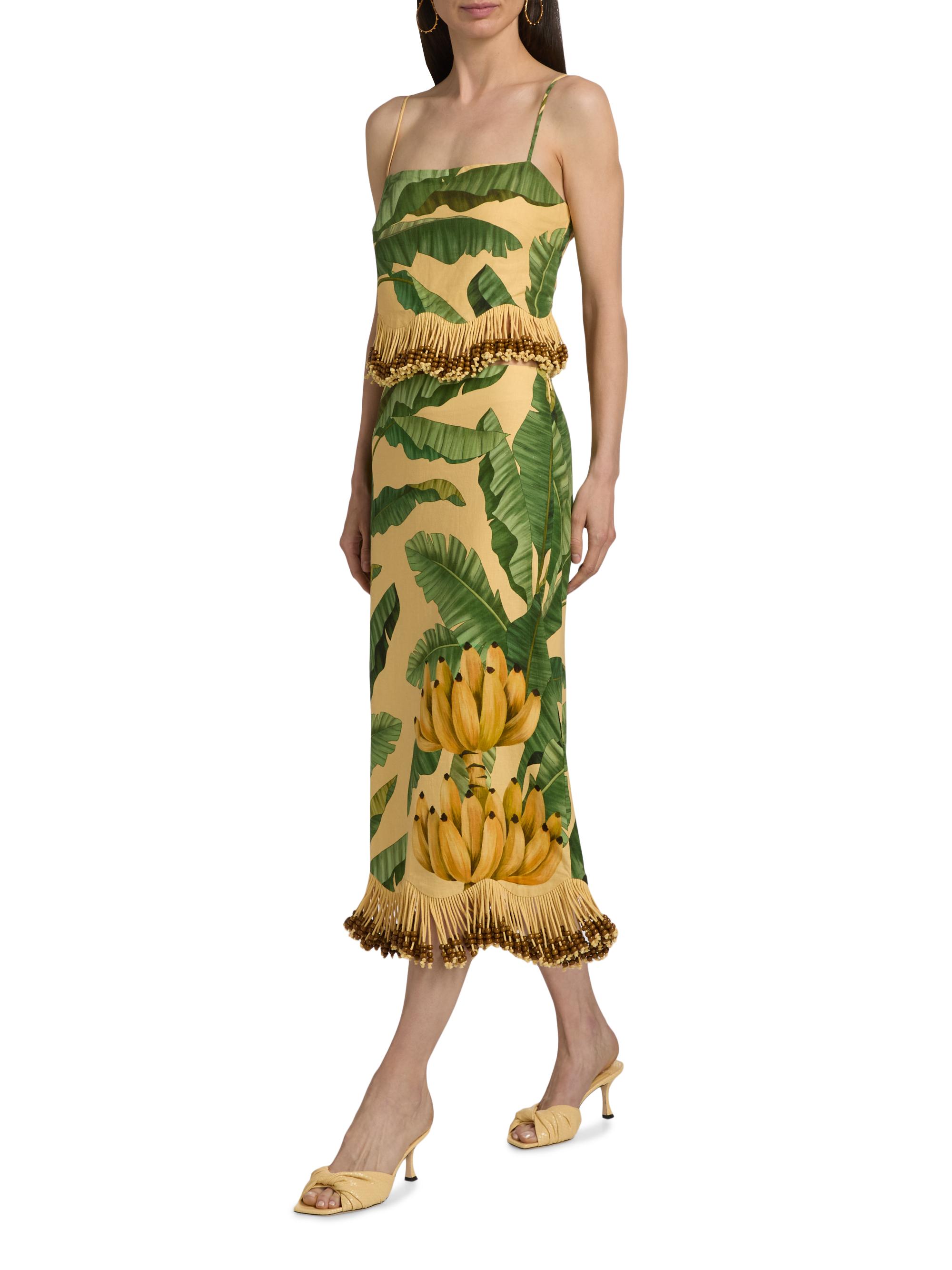 Farm Rio Women's Beaded Fringed Printed Linen-Blend Midi-Skirt - Yellow | Thumbnail 2