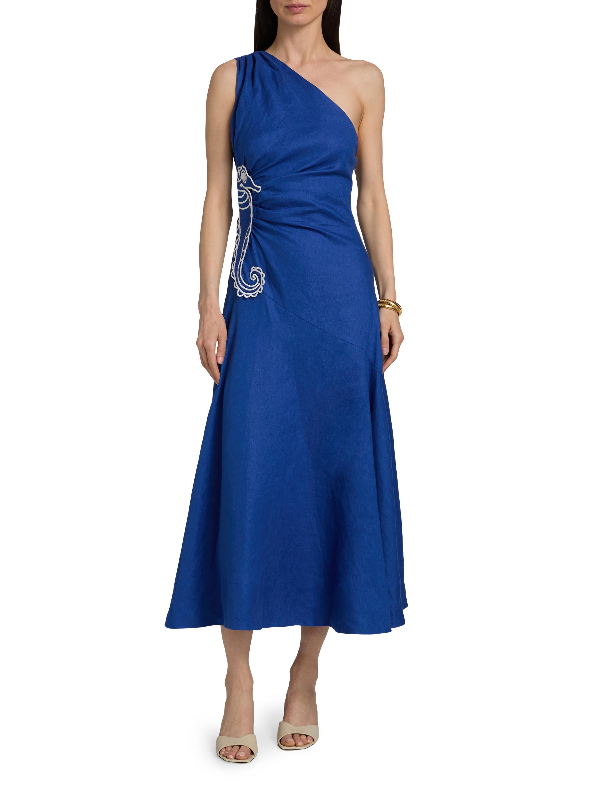 Farm Rio Women's Seahorse-Embroidered One-Shoulder Midi-Dress - Blue | Thumbnail 3