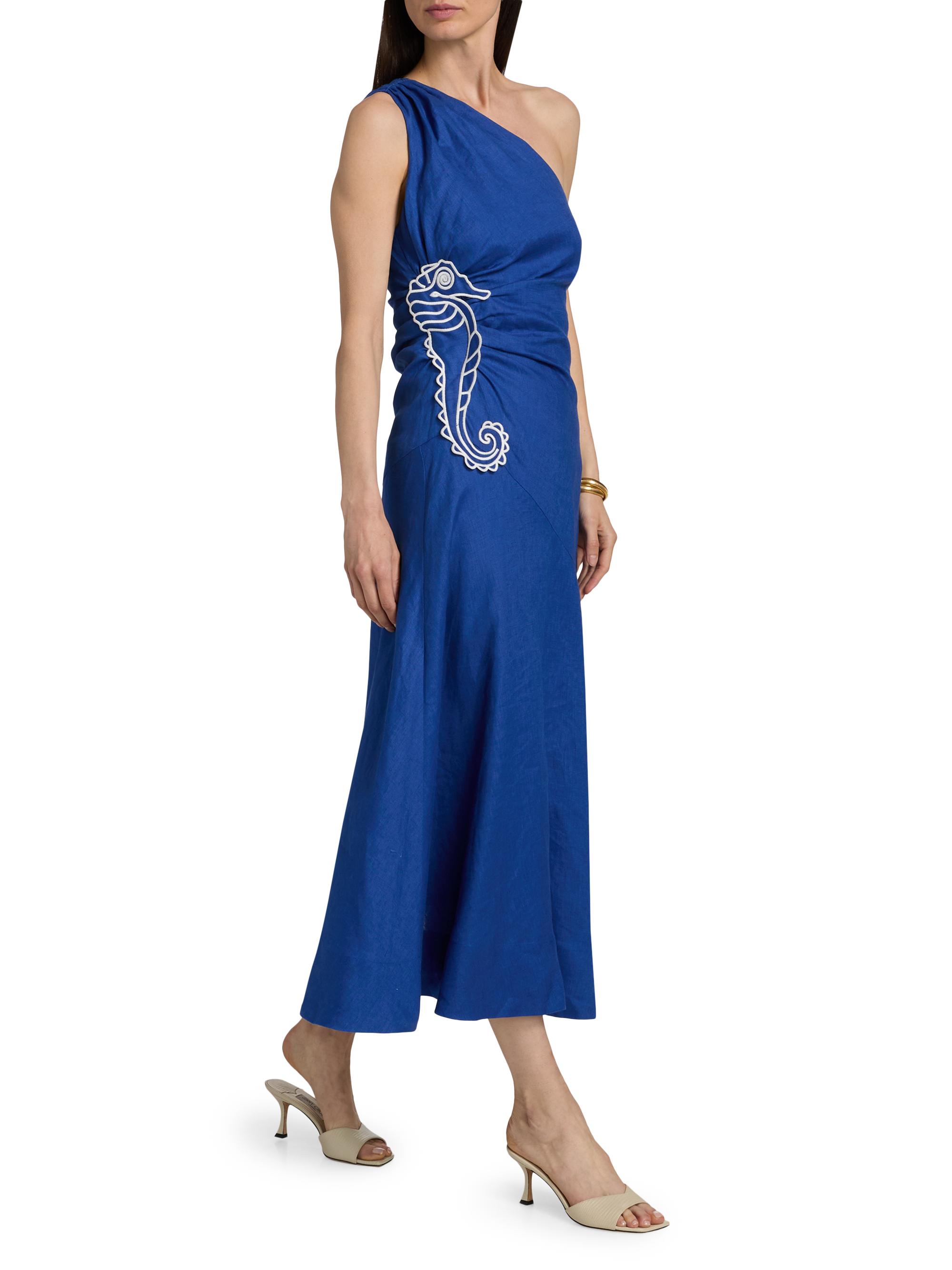 Farm Rio Women's Seahorse-Embroidered One-Shoulder Midi-Dress - Blue | Thumbnail 2