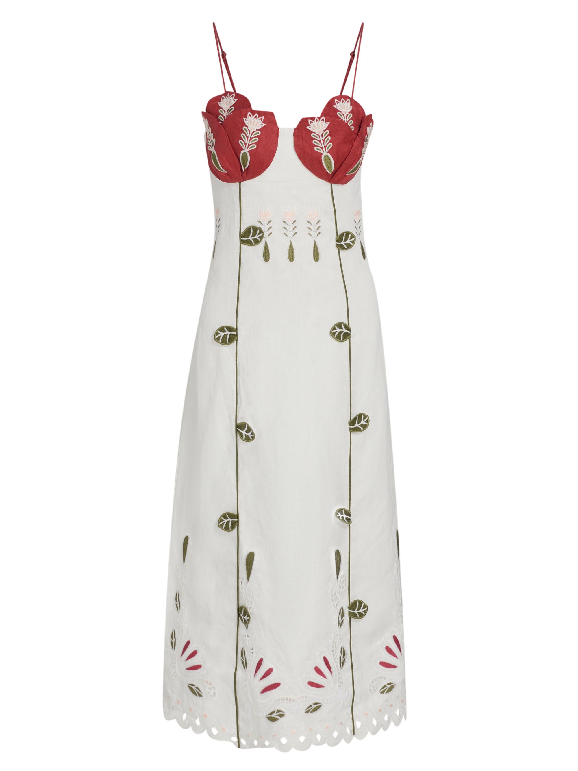 Farm Rio Women's Tulip Richilieur Embroidered Linen Midi-Dress - Off White