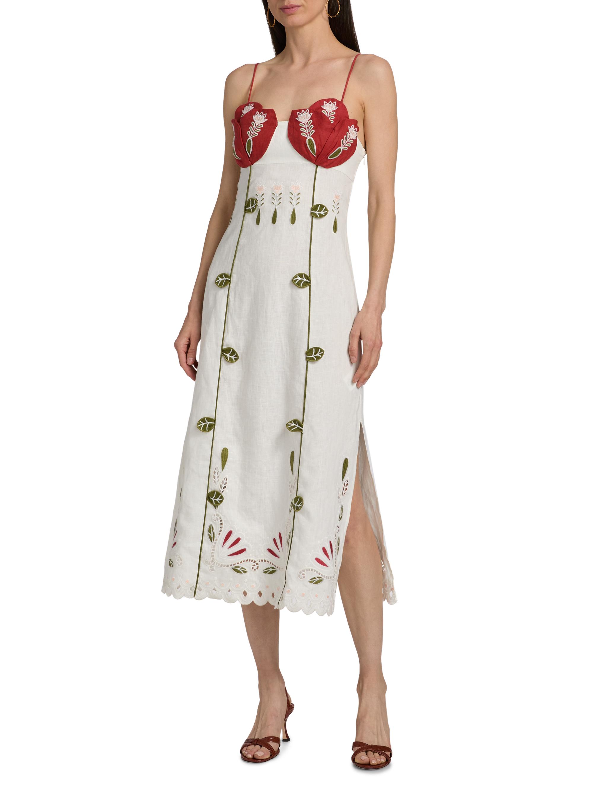 Farm Rio Women's Tulip Richilieur Embroidered Linen Midi-Dress - Off White | Thumbnail 3
