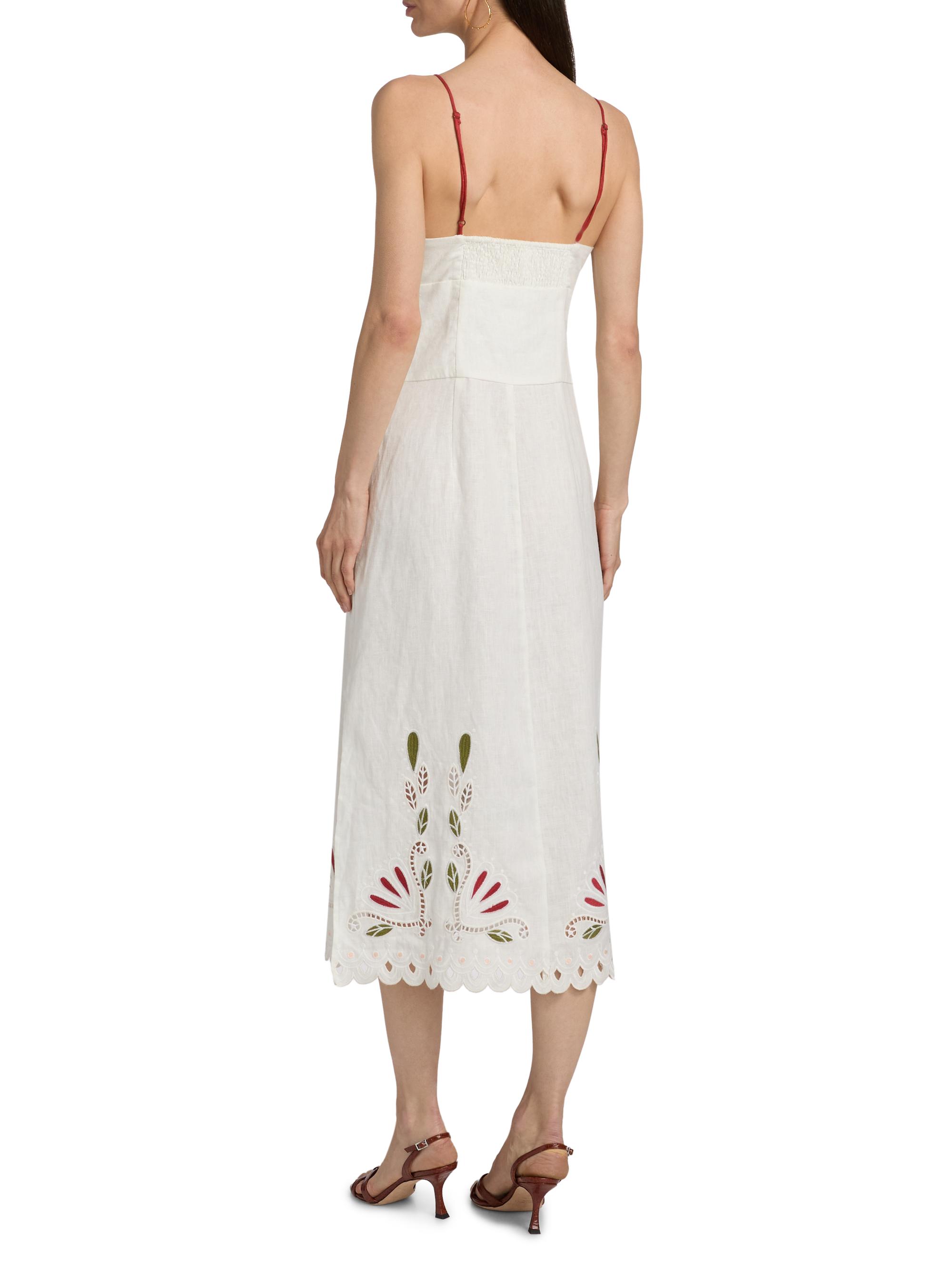 Farm Rio Women's Tulip Richilieur Embroidered Linen Midi-Dress - Off White | Thumbnail 5