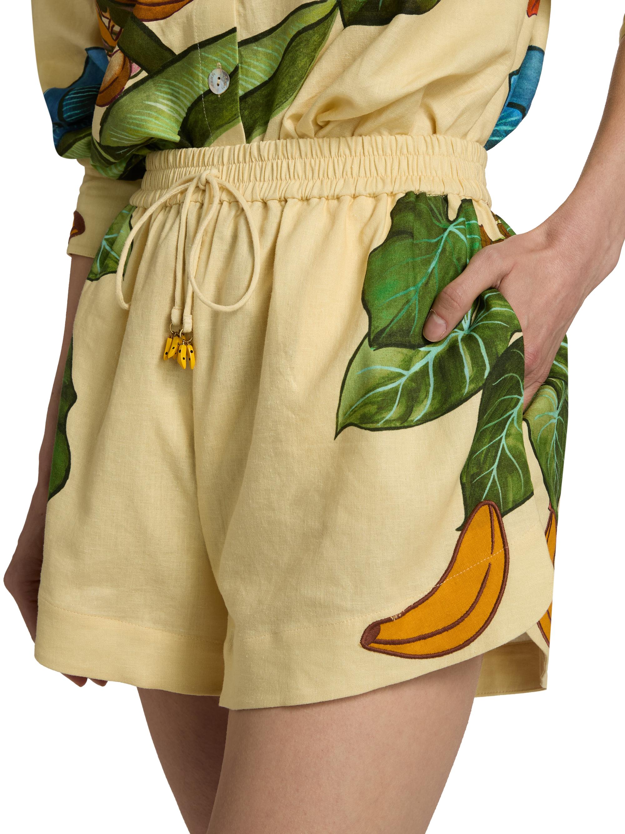 Farm Rio Women's Printed Linen Drawstring Shorts - Yellow | Thumbnail 6