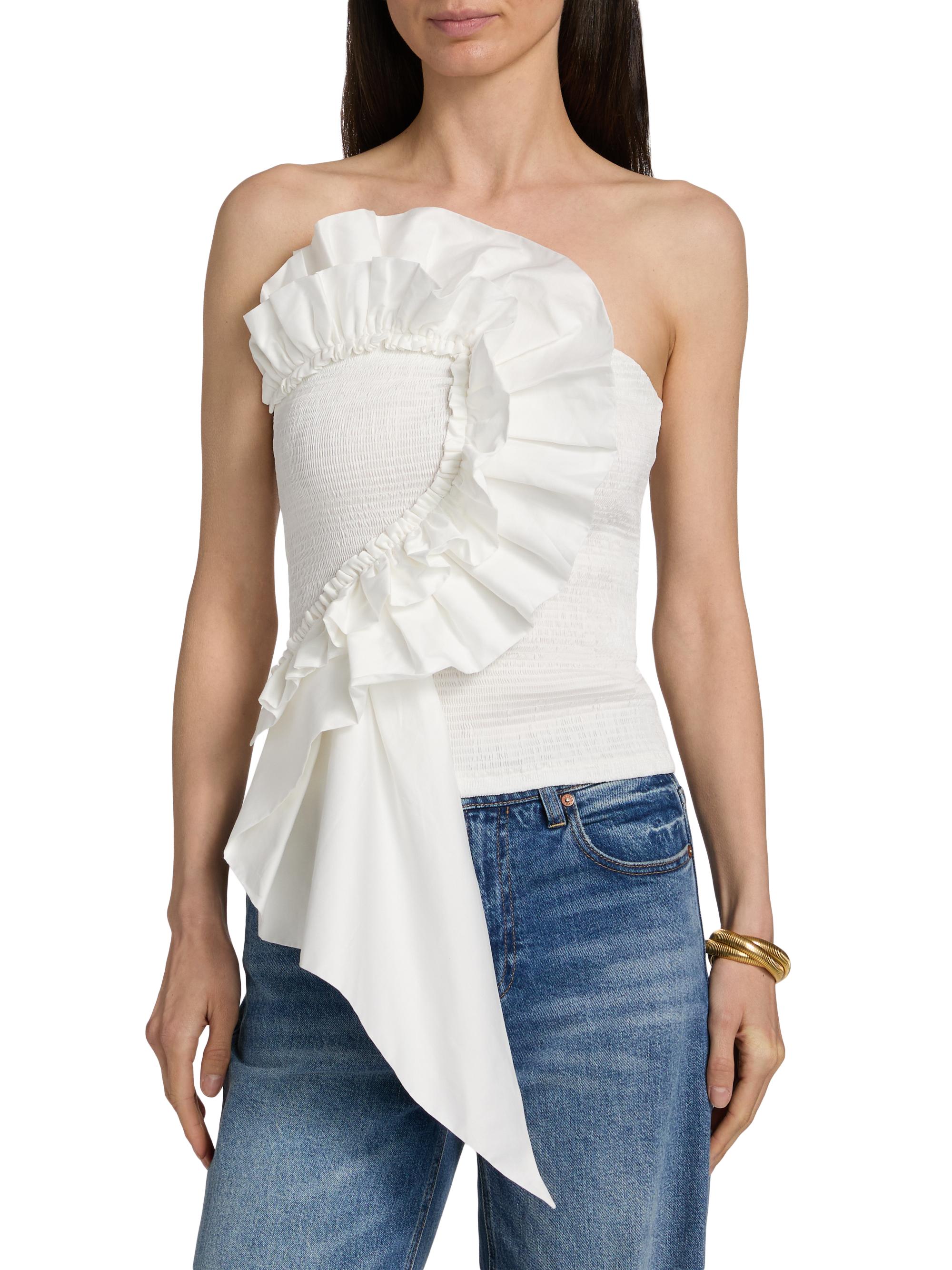 Farm Rio Women's Smocked Ruffled Cotton Strapless Top - White | Thumbnail 3