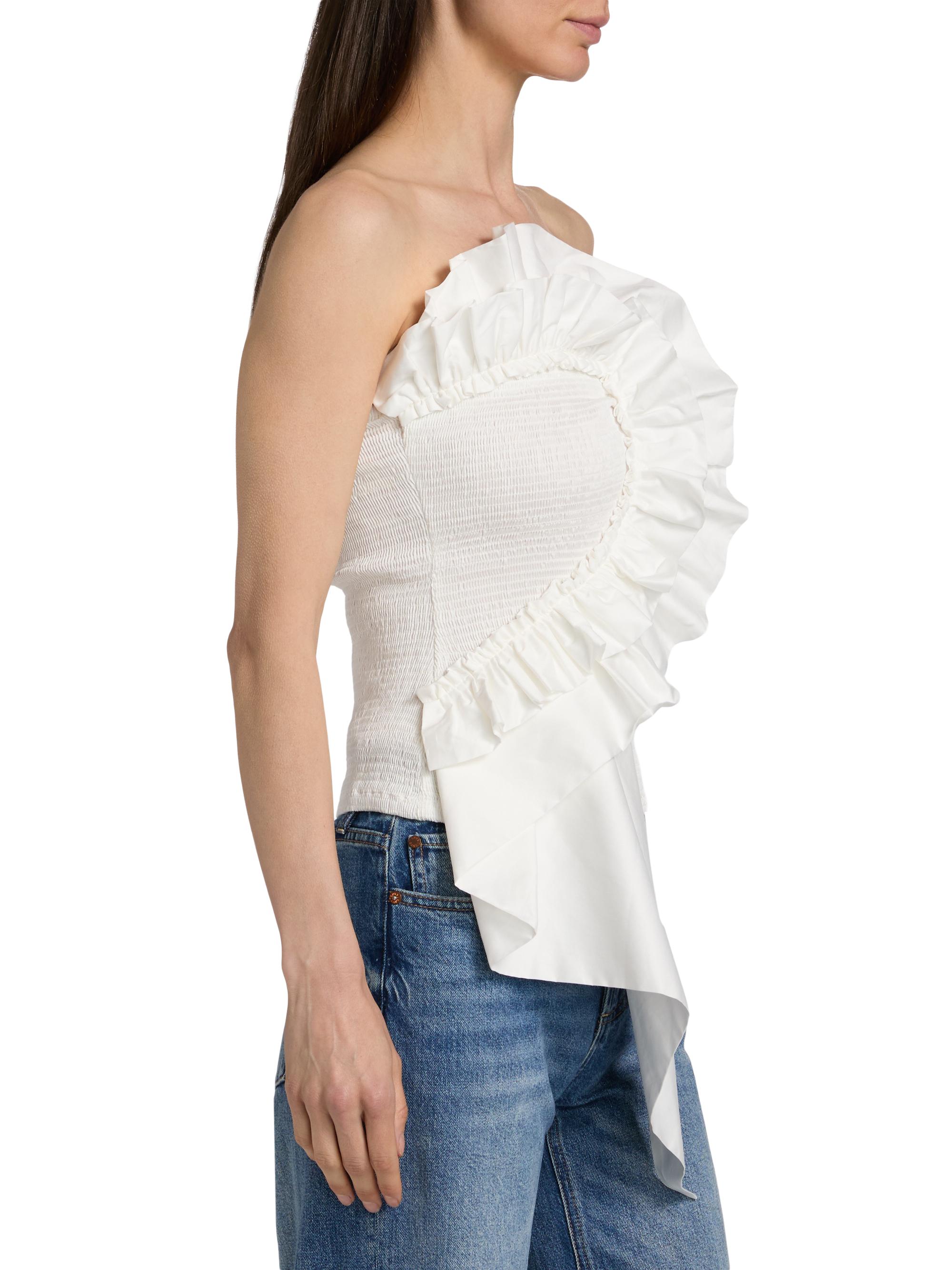Farm Rio Women's Smocked Ruffled Cotton Strapless Top - White | Thumbnail 4