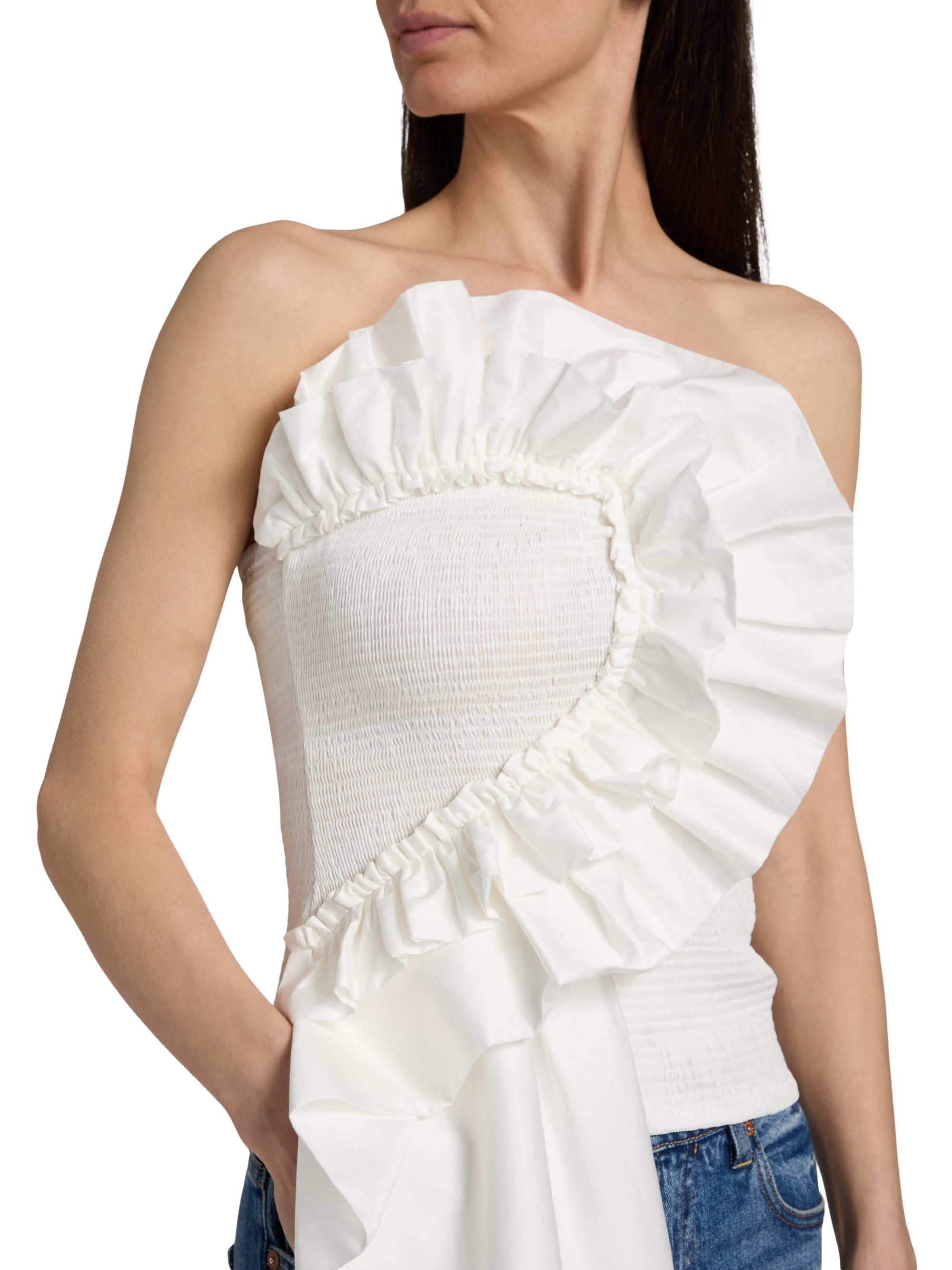 Farm Rio Women's Smocked Ruffled Cotton Strapless Top - White | Thumbnail 6