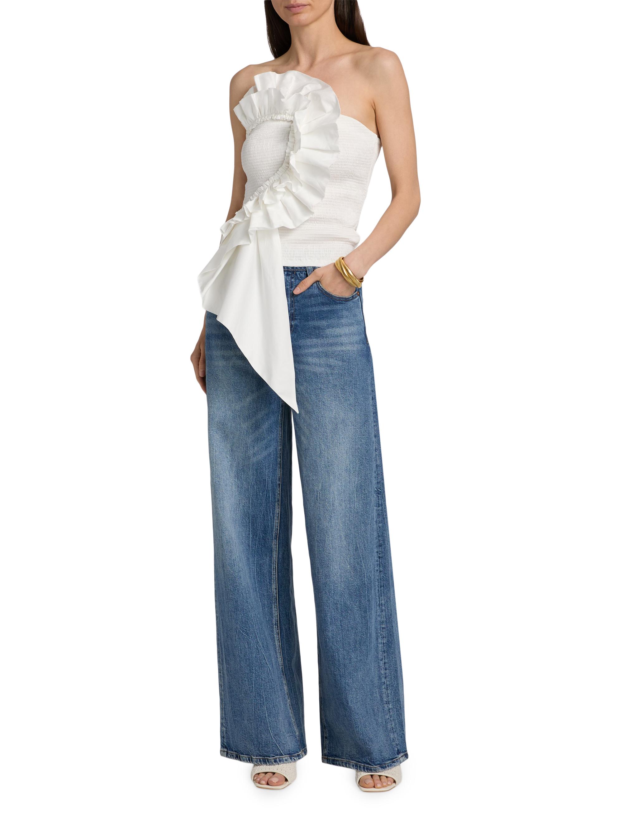 Farm Rio Women's Smocked Ruffled Cotton Strapless Top - White | Thumbnail 2