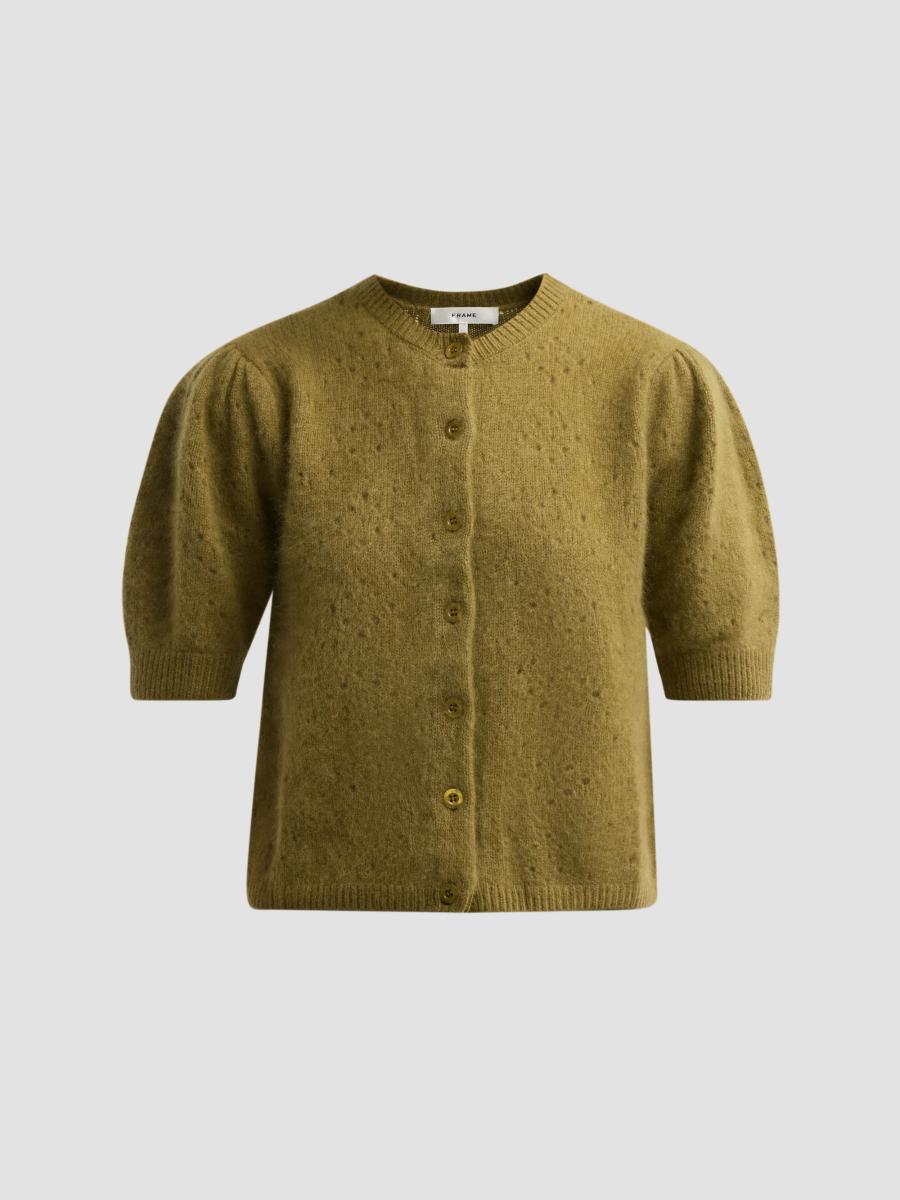 Frame Women's Wool-cashmere Puff-sleeve Cardigan In Deep Olive