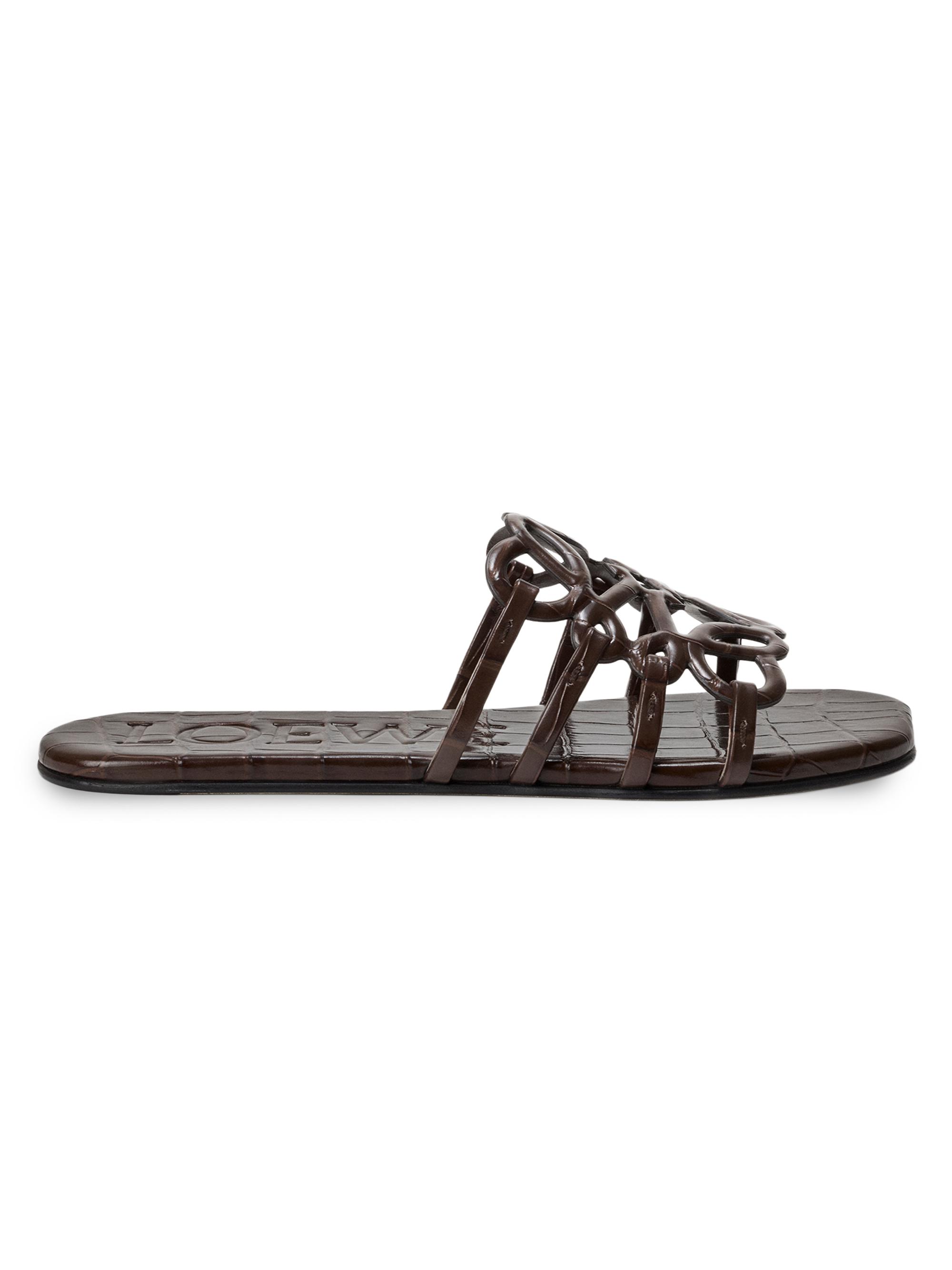 LOEWE Women's Petal Anagram Croc-Embossed Leather Slides - Dark Brown  Sandals - Women's Clothing