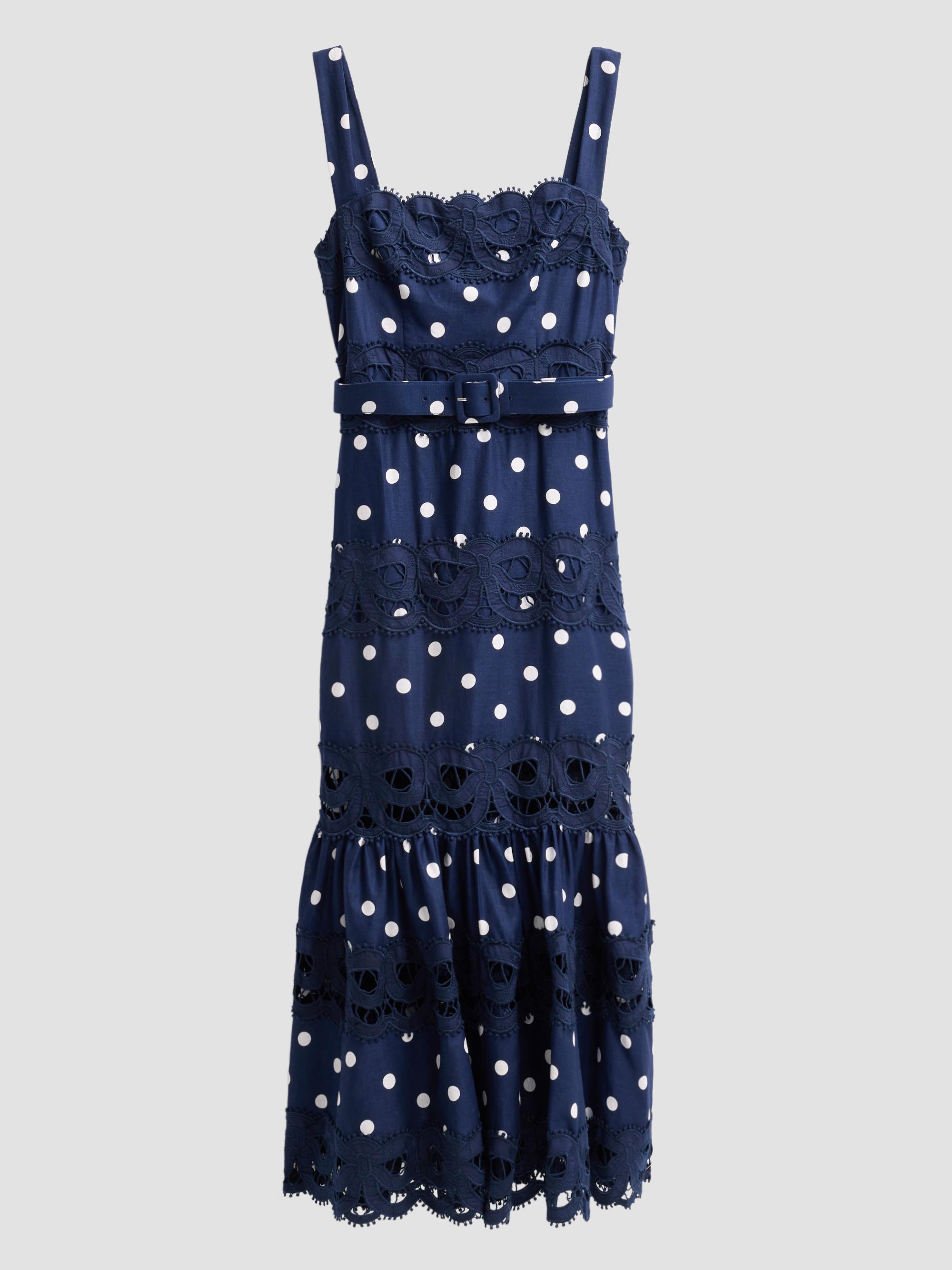Self-Portrait Women's Polka Dot Linen & Lace Midi Dress - Navy