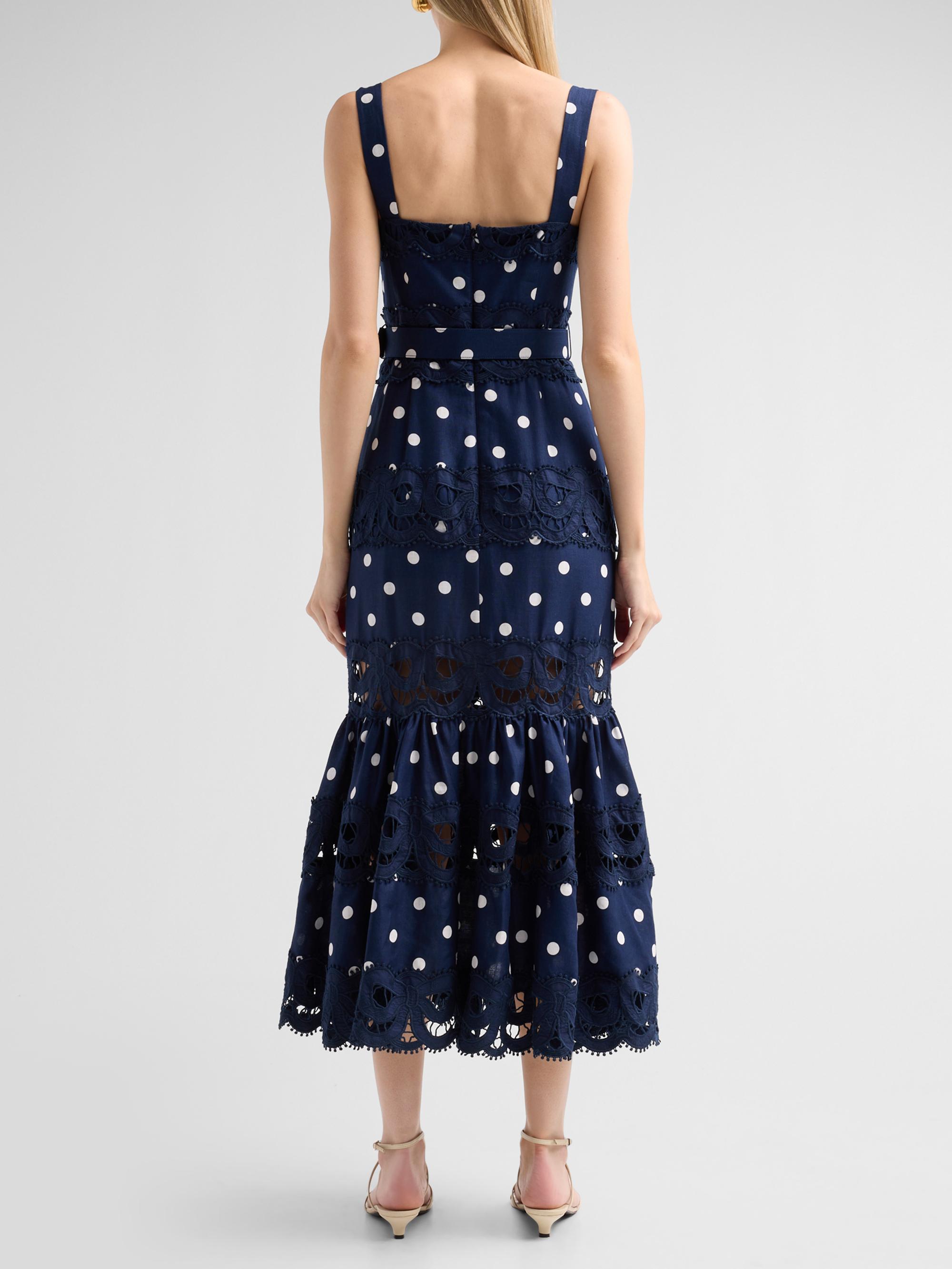 Self-Portrait Women's Polka Dot Linen & Lace Midi Dress - Navy | Thumbnail 3