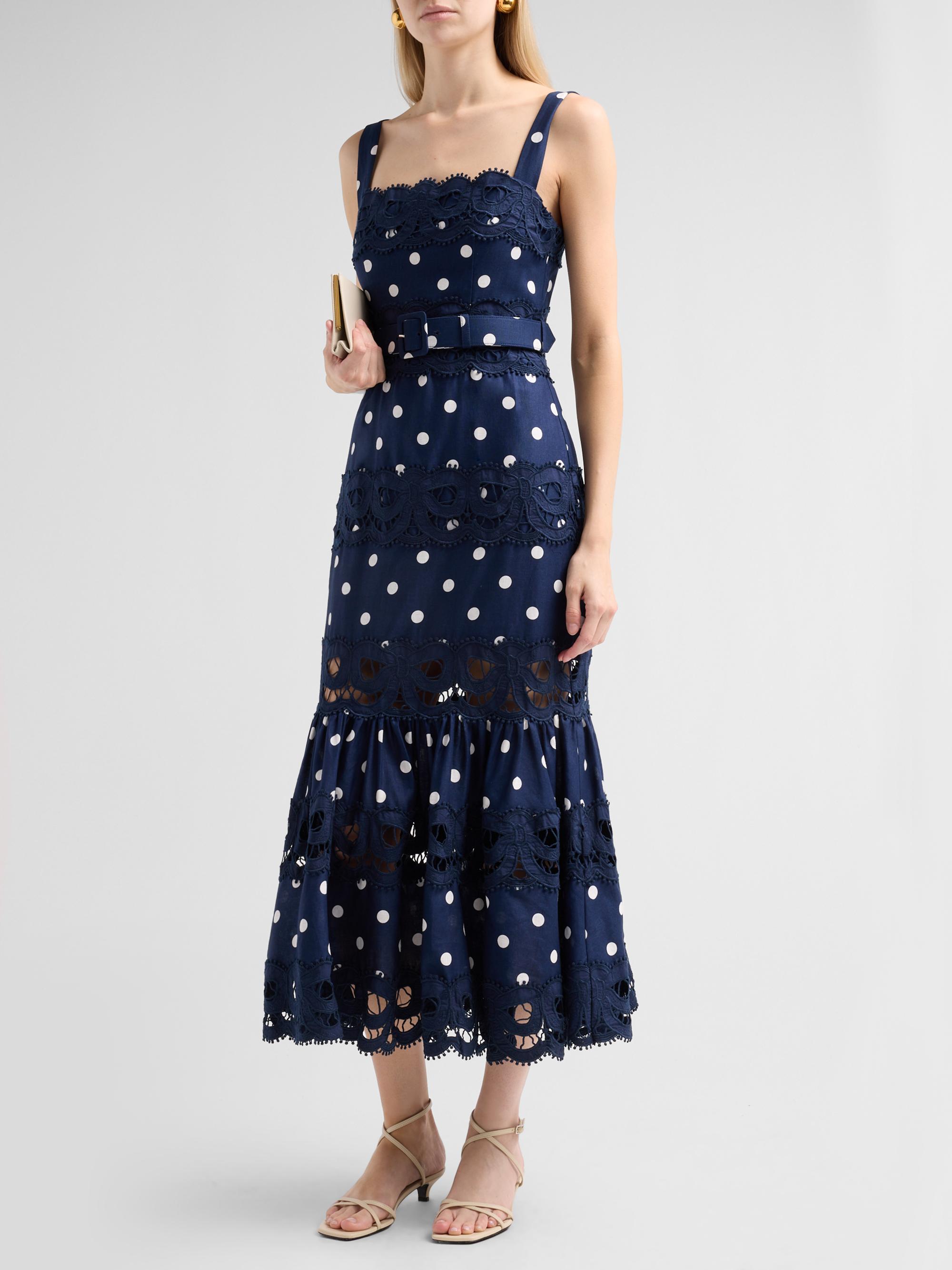 Self-Portrait Women's Polka Dot Linen & Lace Midi Dress - Navy | Thumbnail 4