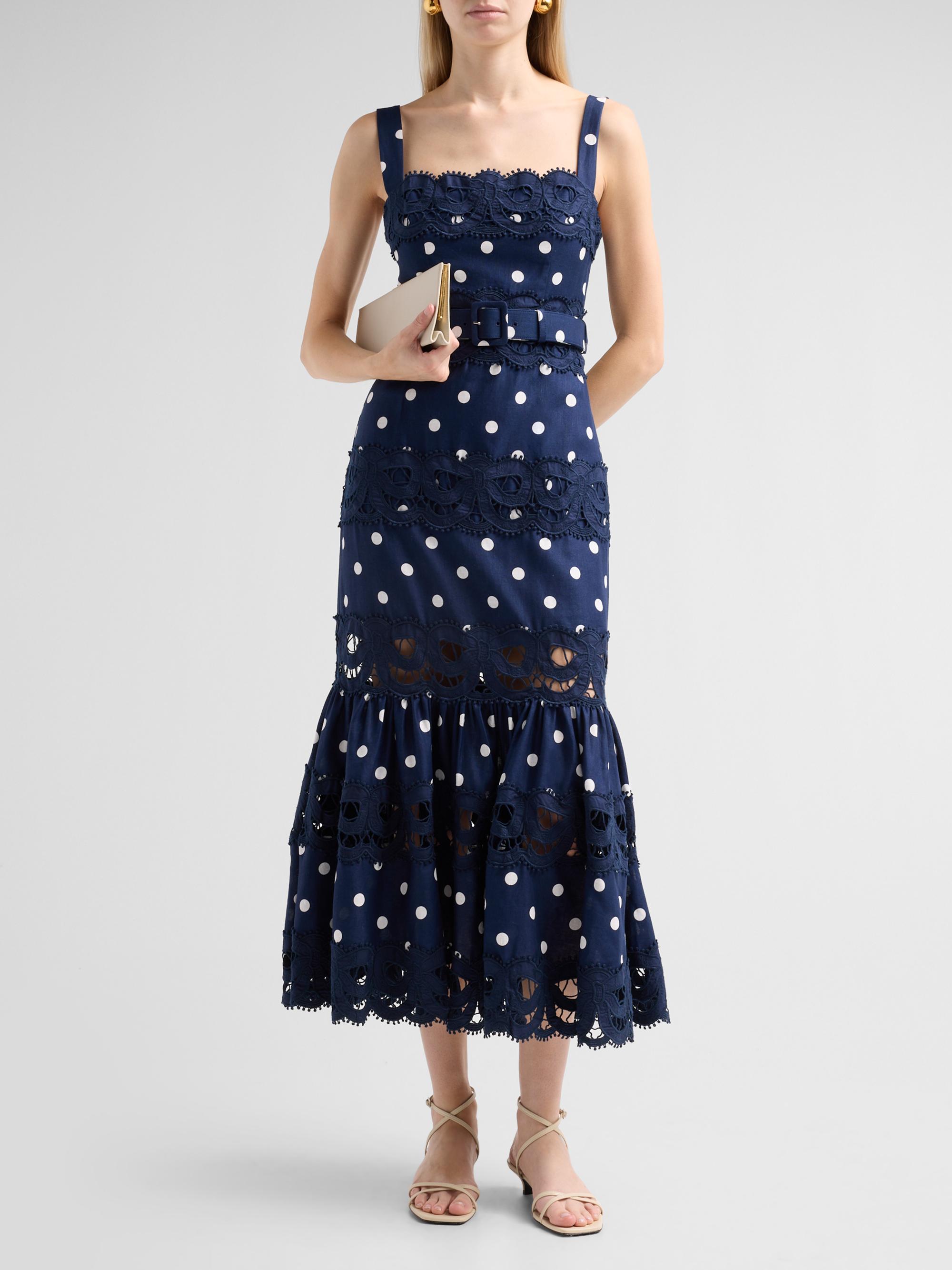 Self-Portrait Women's Polka Dot Linen & Lace Midi Dress - Navy | Thumbnail 2