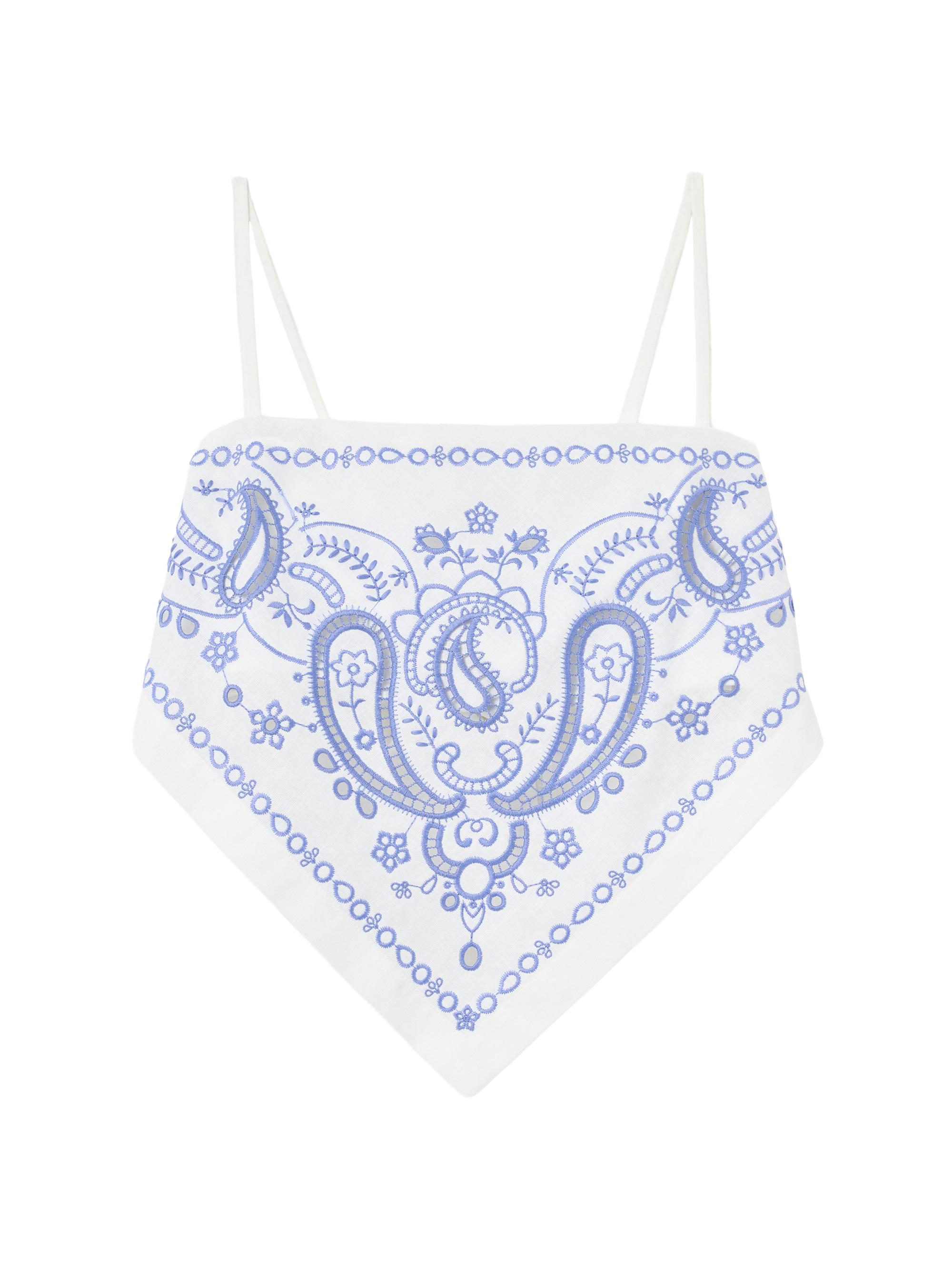 Self-Portrait Women's Bandana Embroidered Linen-Cotton Crop Top - White