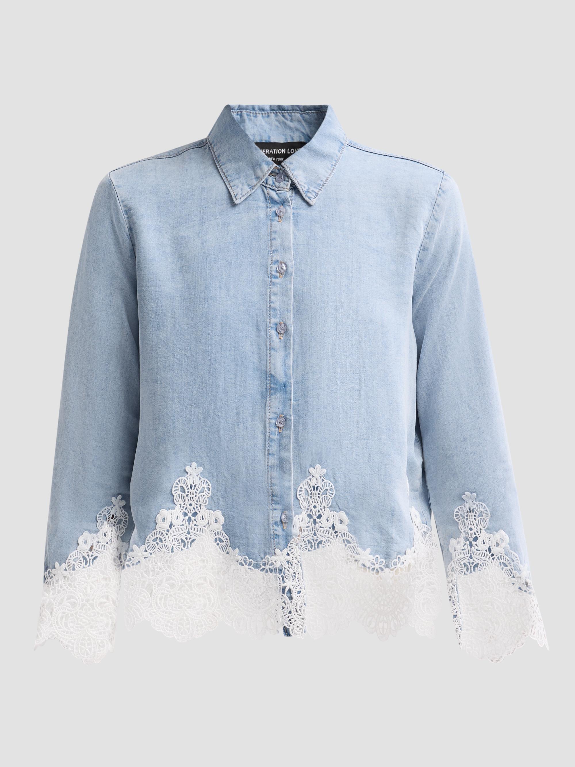 Generation Love Women's Eli Lace Trim Denim Shirt - Light Blue White | Thumbnail 6