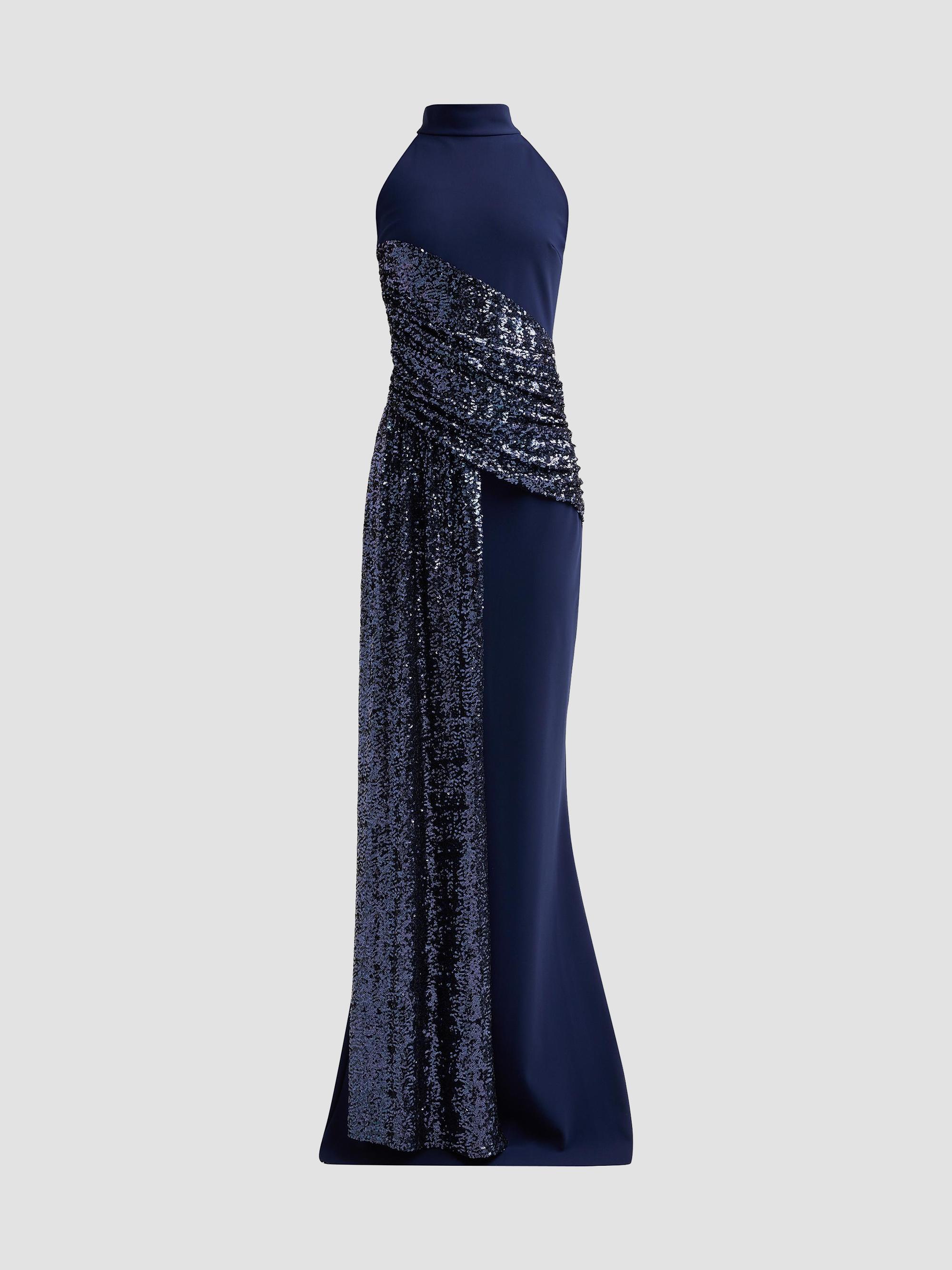 saks fifth avenue petite evening dresses Chiara Boni La Petite Robe Lores Square-Neck Stretch Jersey Godet Gown, Dusk Blue, Women's, 2, Evening Formal Gala Gowns Mother of the Bride Groom