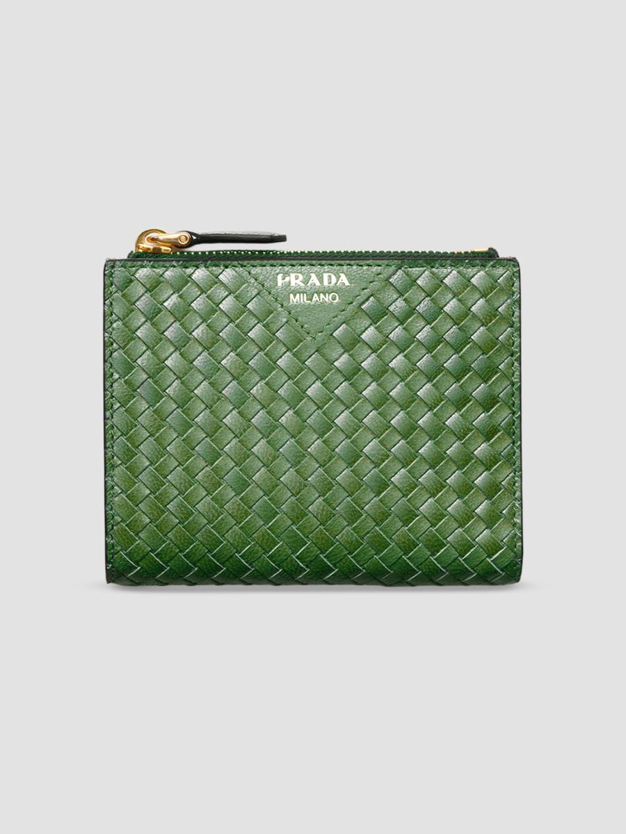 Prada Women's Small Woven Madras Leather Wallet In Green
