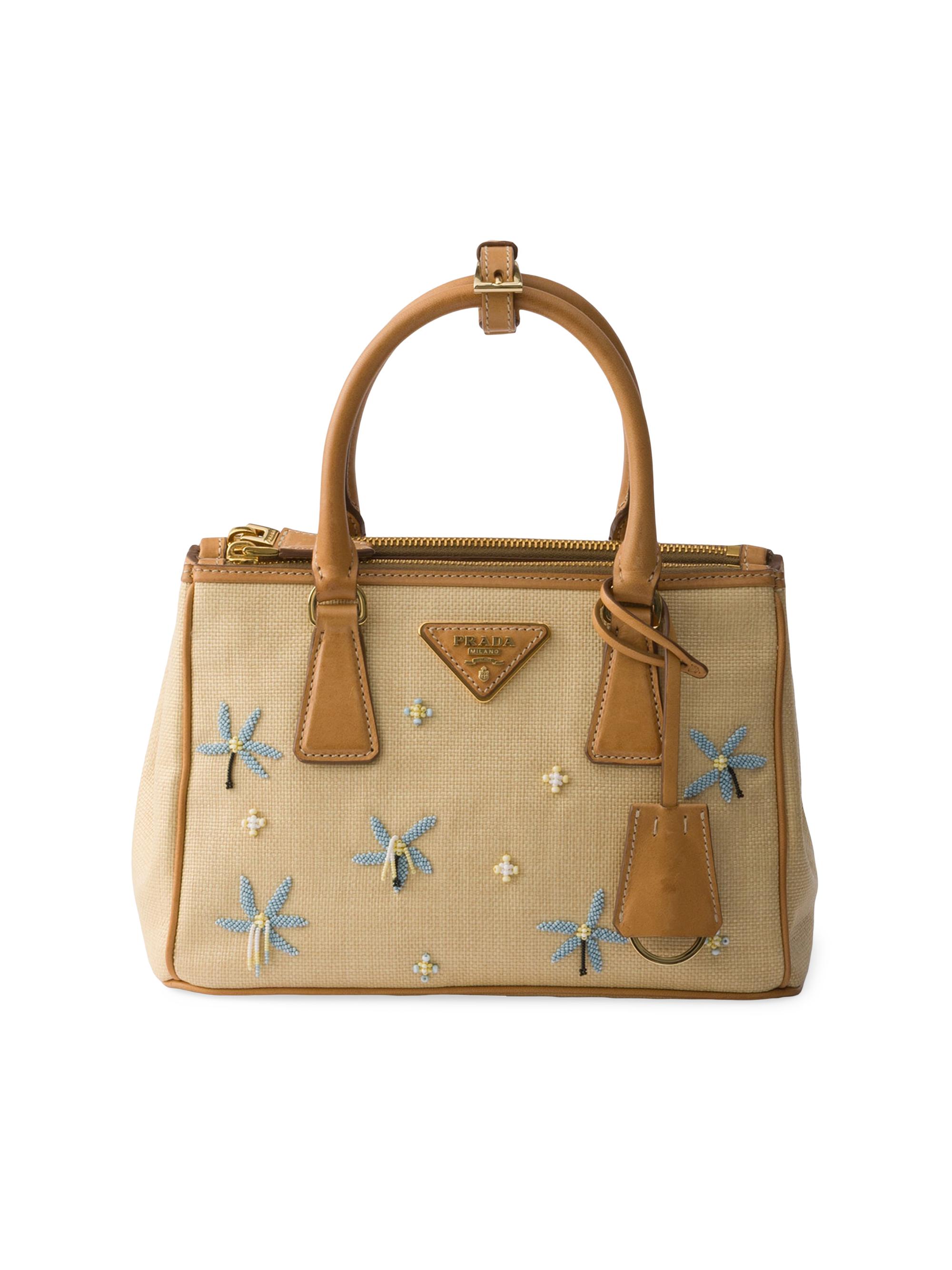 Prada Women's Galleria  Canvas and Leather Embroidered Top Handle Bag - Beige Khaki
