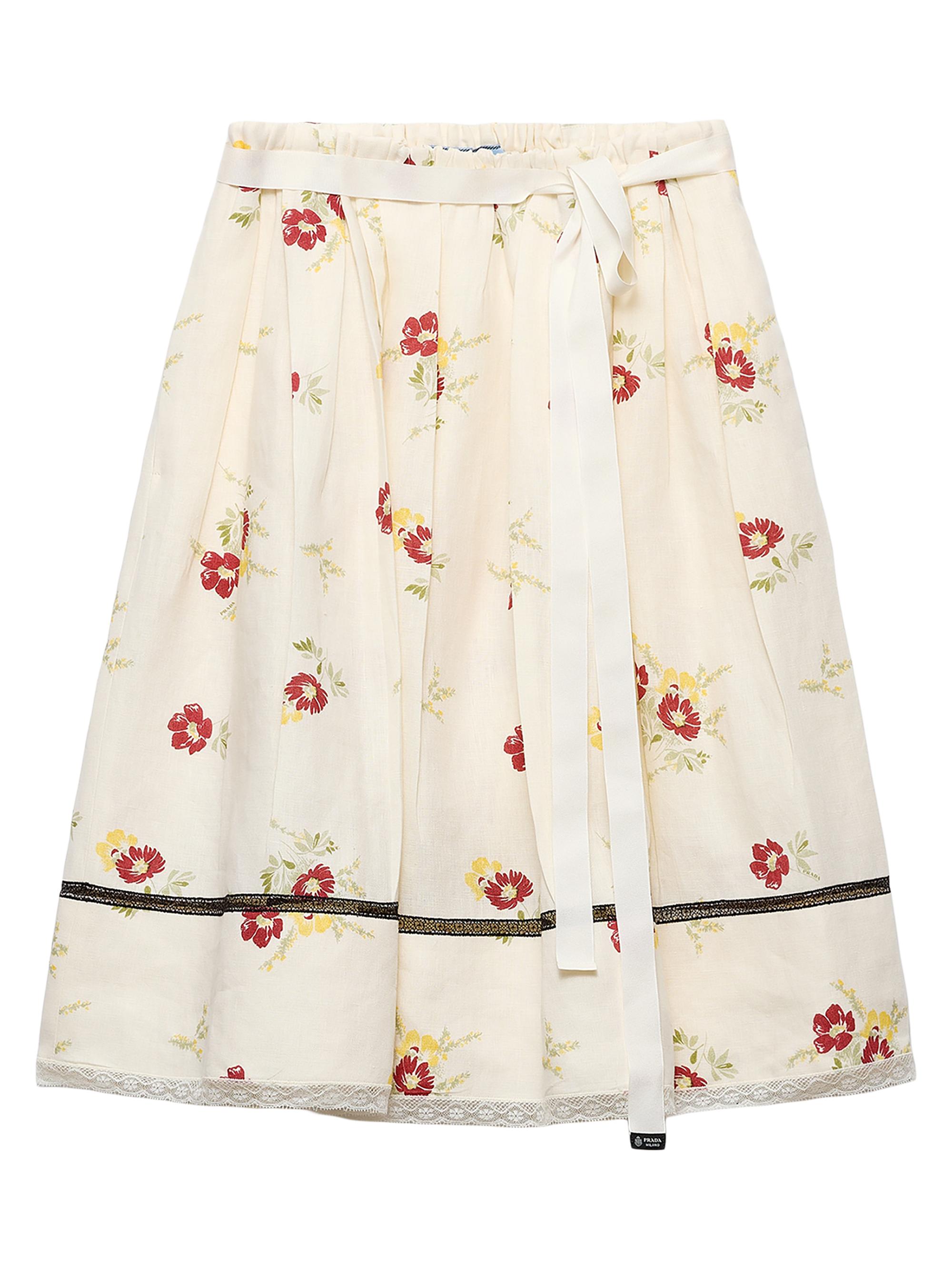 Prada Women's Floral Print Linen Skirt - Beige Multi