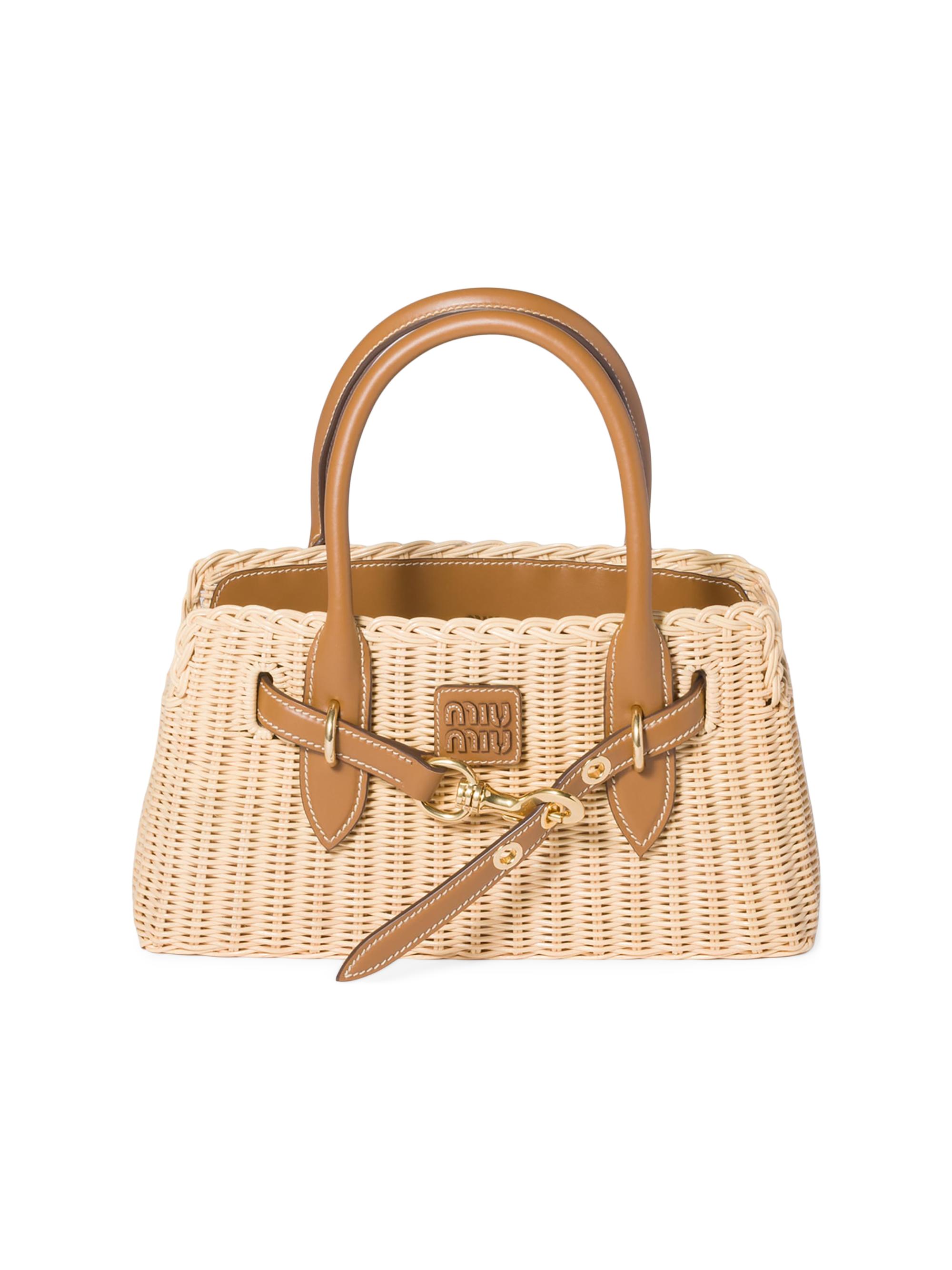 Miu Miu Women's Aventure Wicker and Leather Top Handle Bag - Beige Khaki - Women's Bags