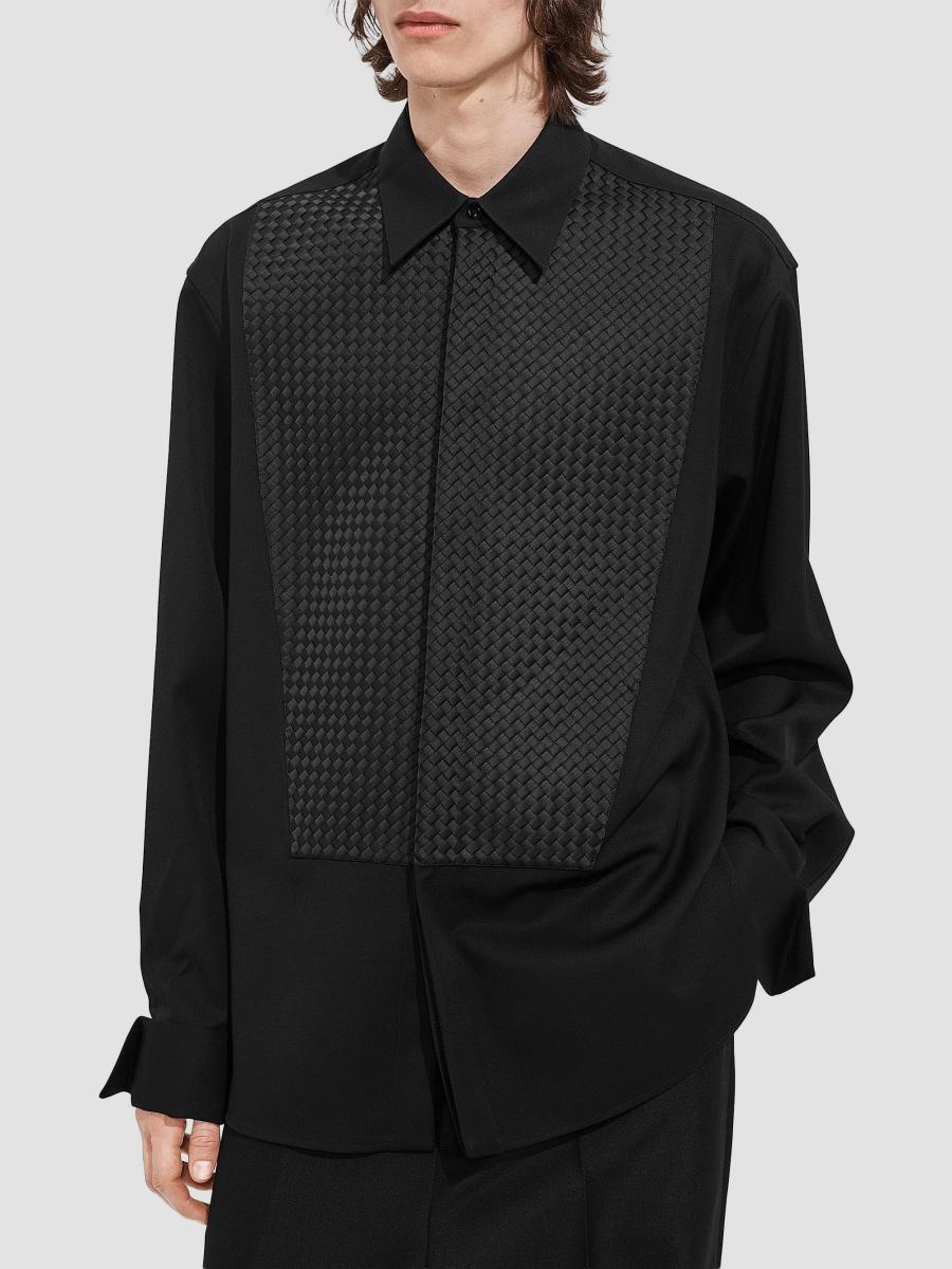 Bottega Veneta Men's Intrecciato-bib Wool Grain De Poudre Shirt In Double Black