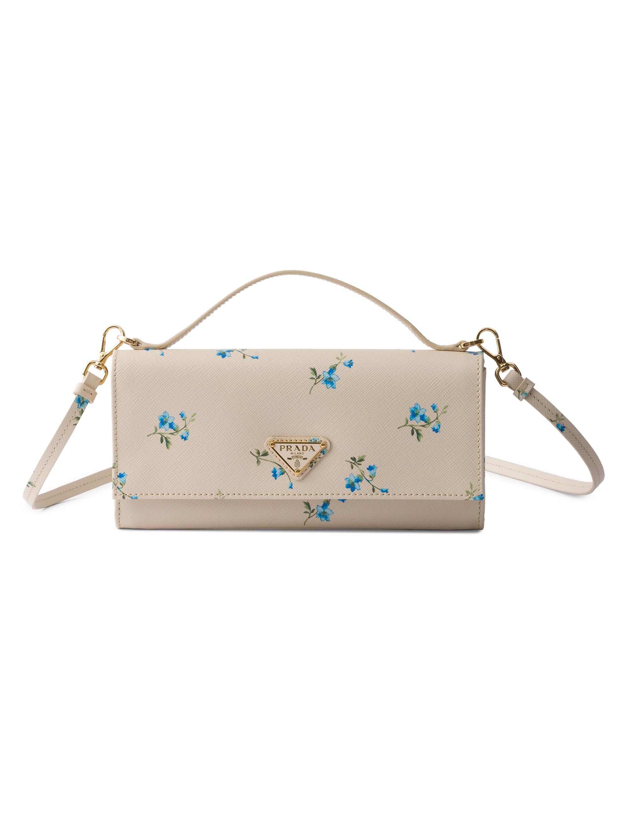 Prada Women's Printed Saffiano Leather Wallet with Shoulder Strap - Beige Khaki - Women's Clothing