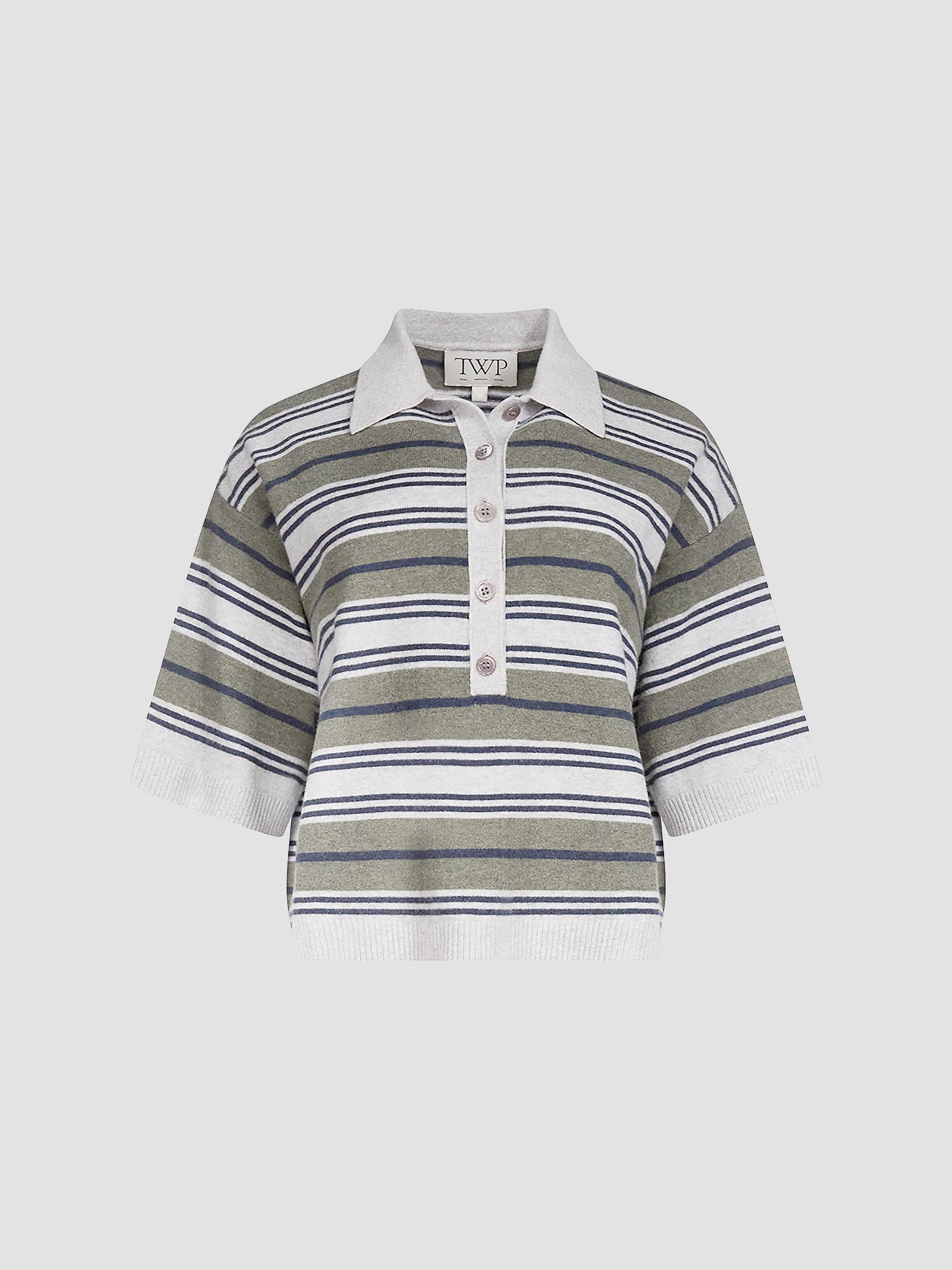 TWP Women's Striped Cashmere Polo Shirt - Moss Night Sky Light | Thumbnail 7