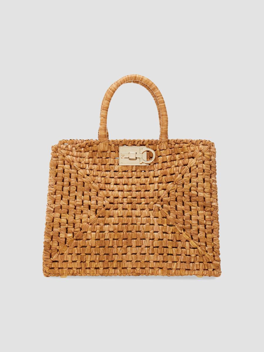 極美品【フェラガモ】スタジオ　ボックス　ラフィア　トップハンドル　バッグ FERRAGAMO Studio Box Open-Weave Raffia Top-Handle Bag | Saks Fifth