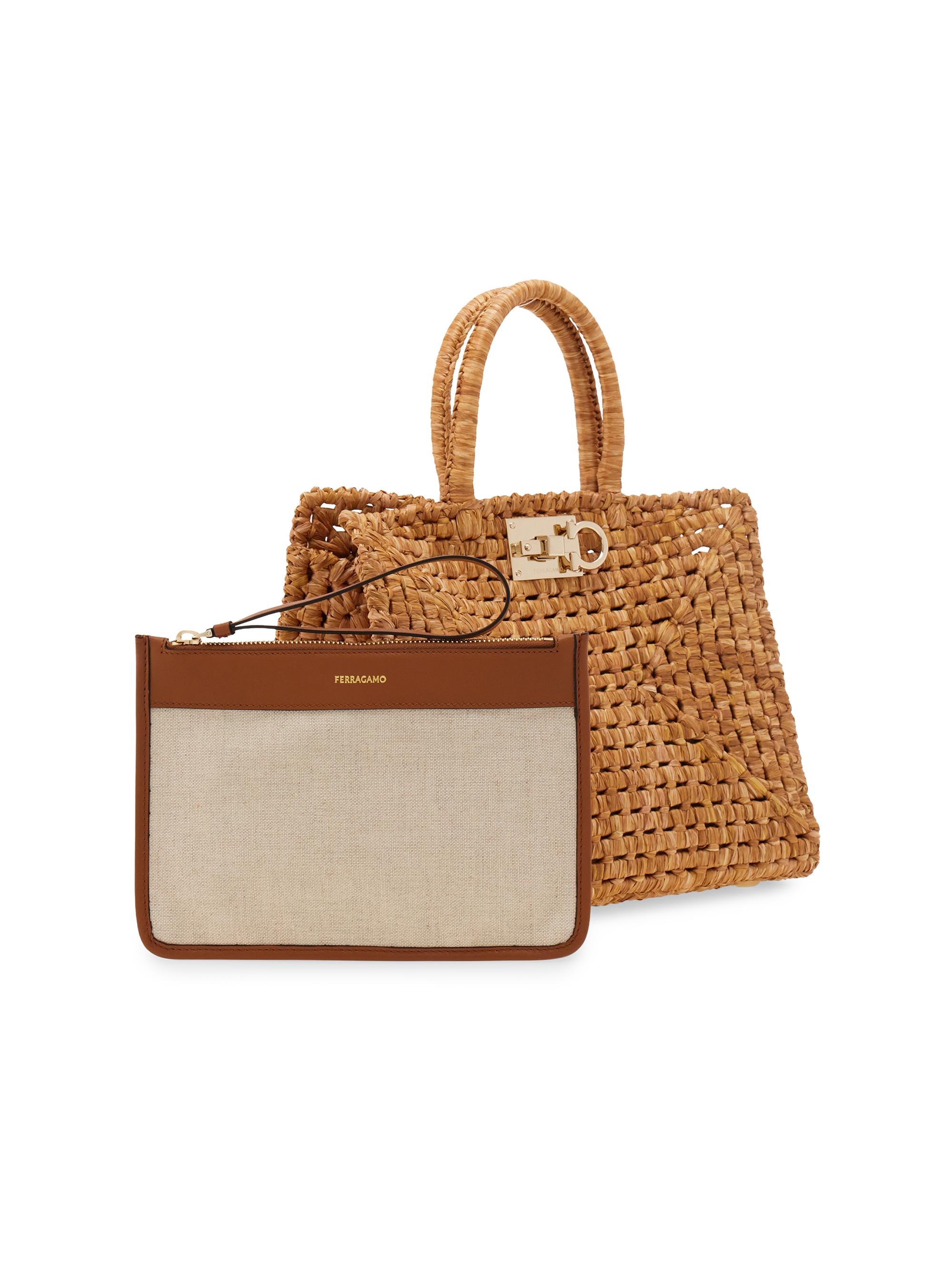 FERRAGAMO Women's Studio Box Open-Weave Raffia Top-Handle Bag - Naturale | Thumbnail 4