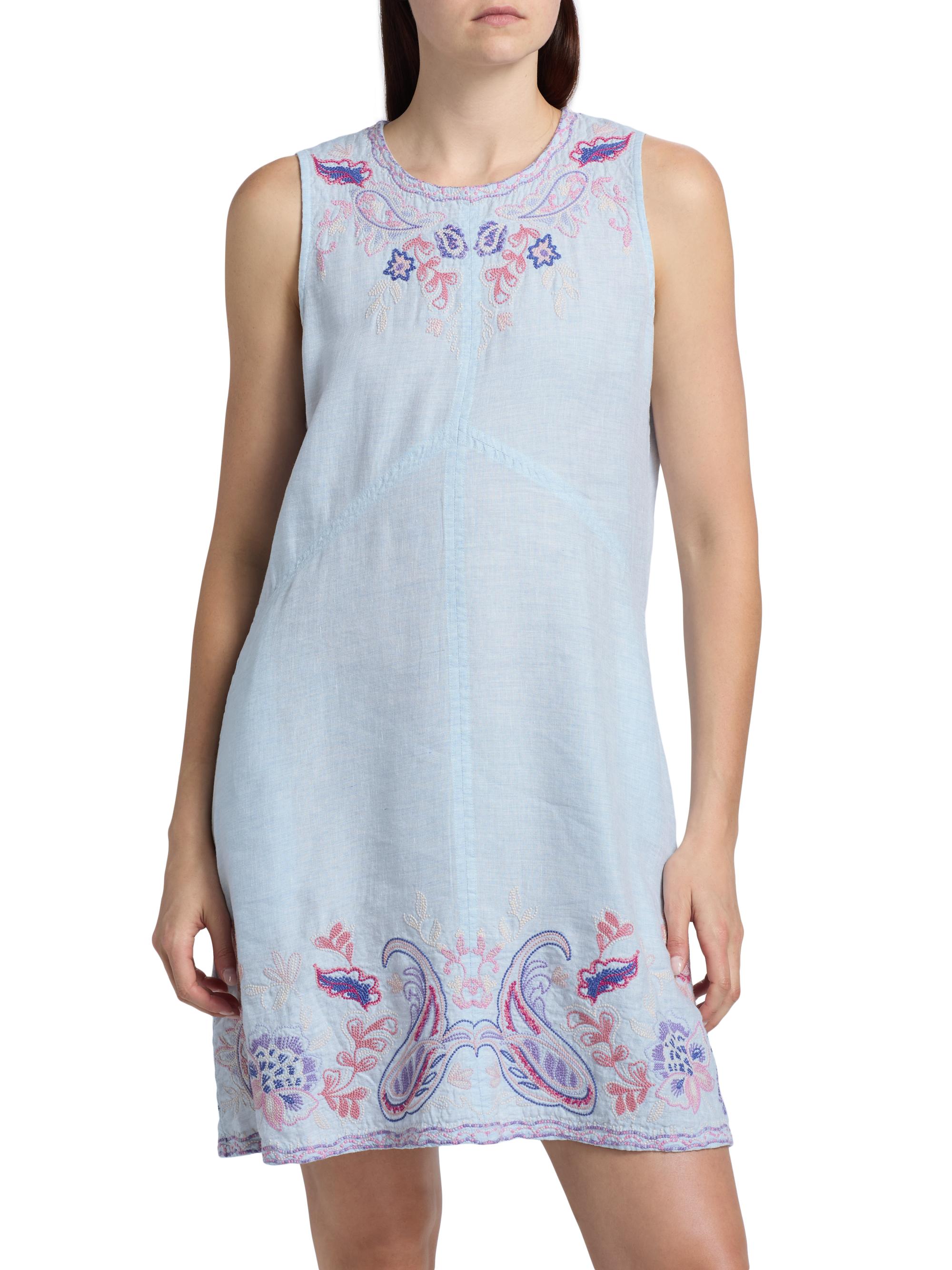 Johnny Was Women's Chevron Cleolia Embroidered Paisley Linen-Blend Minidress - Blue Slub Linen | Thumbnail 3