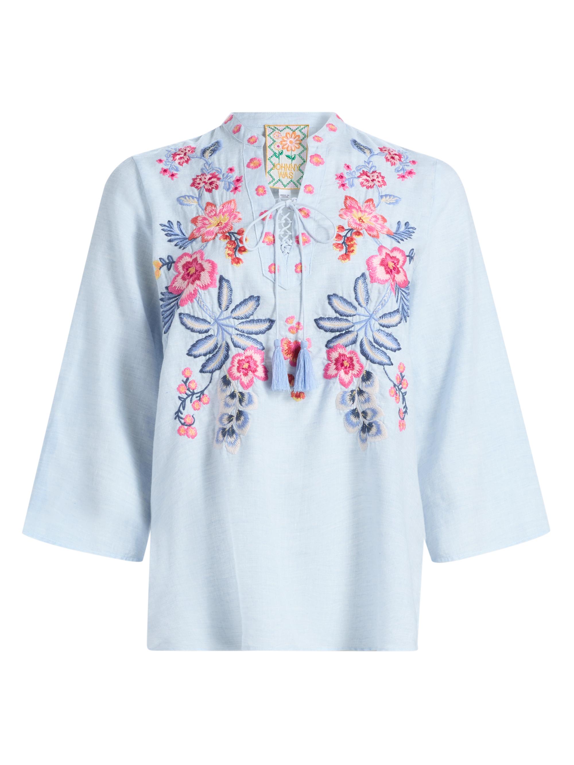 Johnny Was Women's Lirielle Embroidered Tie-Front Blouse - Blue Slub Linen