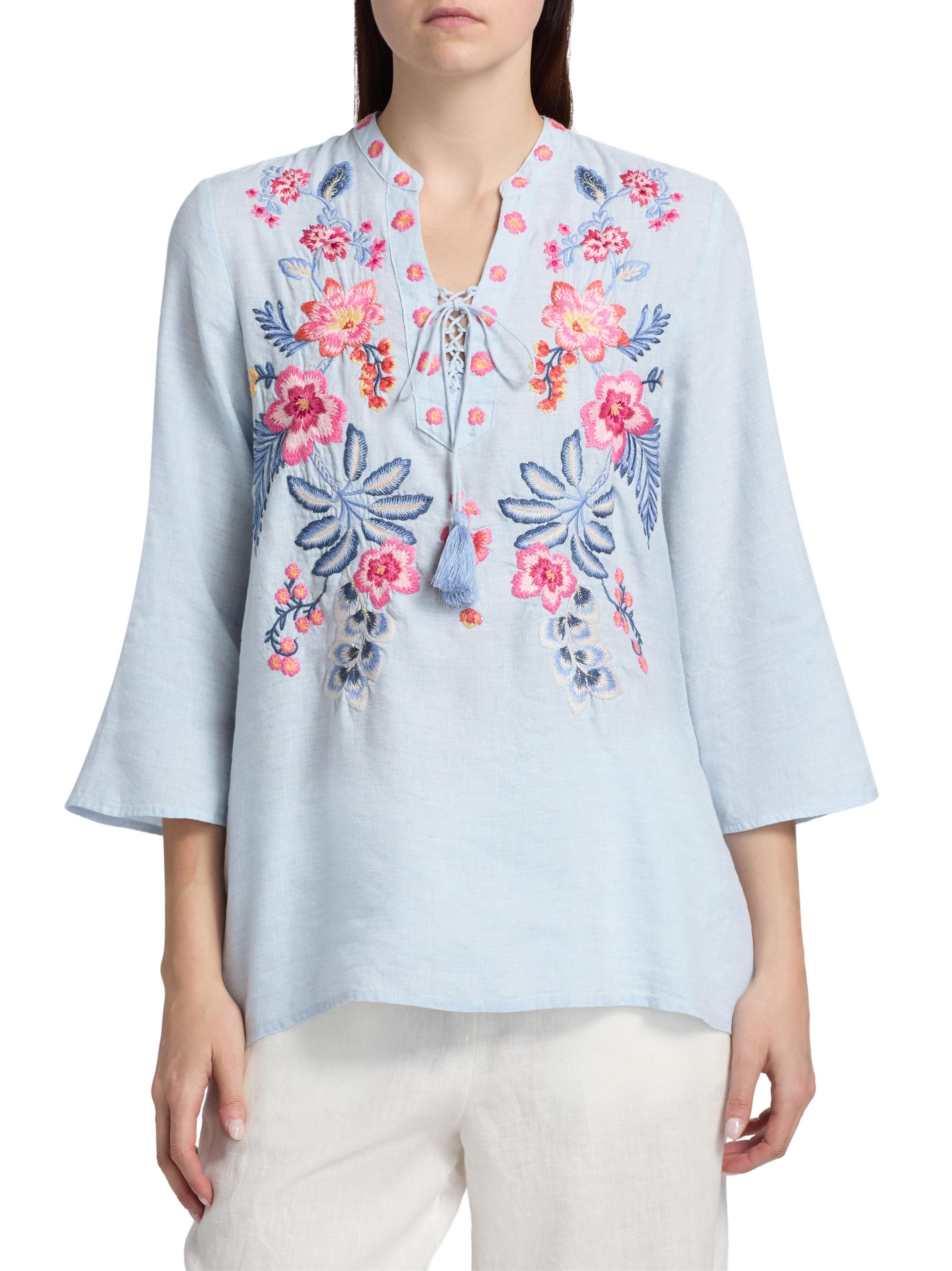 Johnny Was Women's Lirielle Embroidered Tie-Front Blouse - Blue Slub Linen | Thumbnail 3