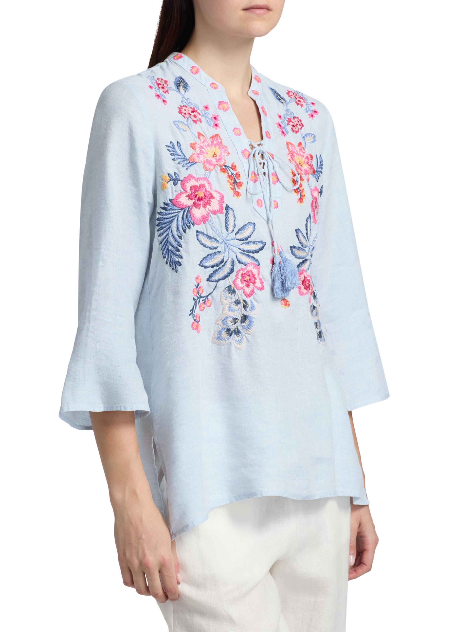 Johnny Was Women's Lirielle Embroidered Tie-Front Blouse - Blue Slub Linen | Thumbnail 4