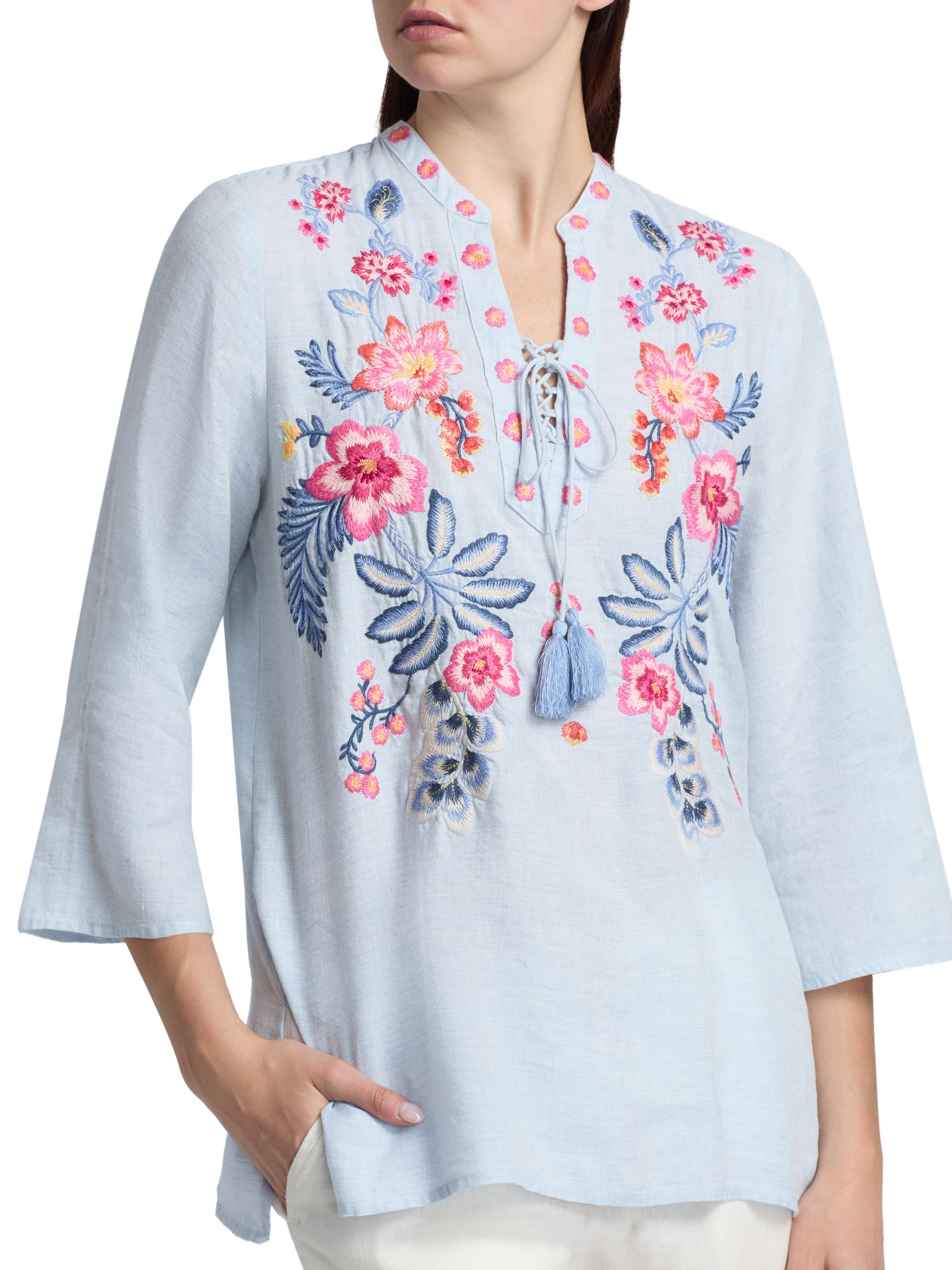 Johnny Was Women's Lirielle Embroidered Tie-Front Blouse - Blue Slub Linen | Thumbnail 6