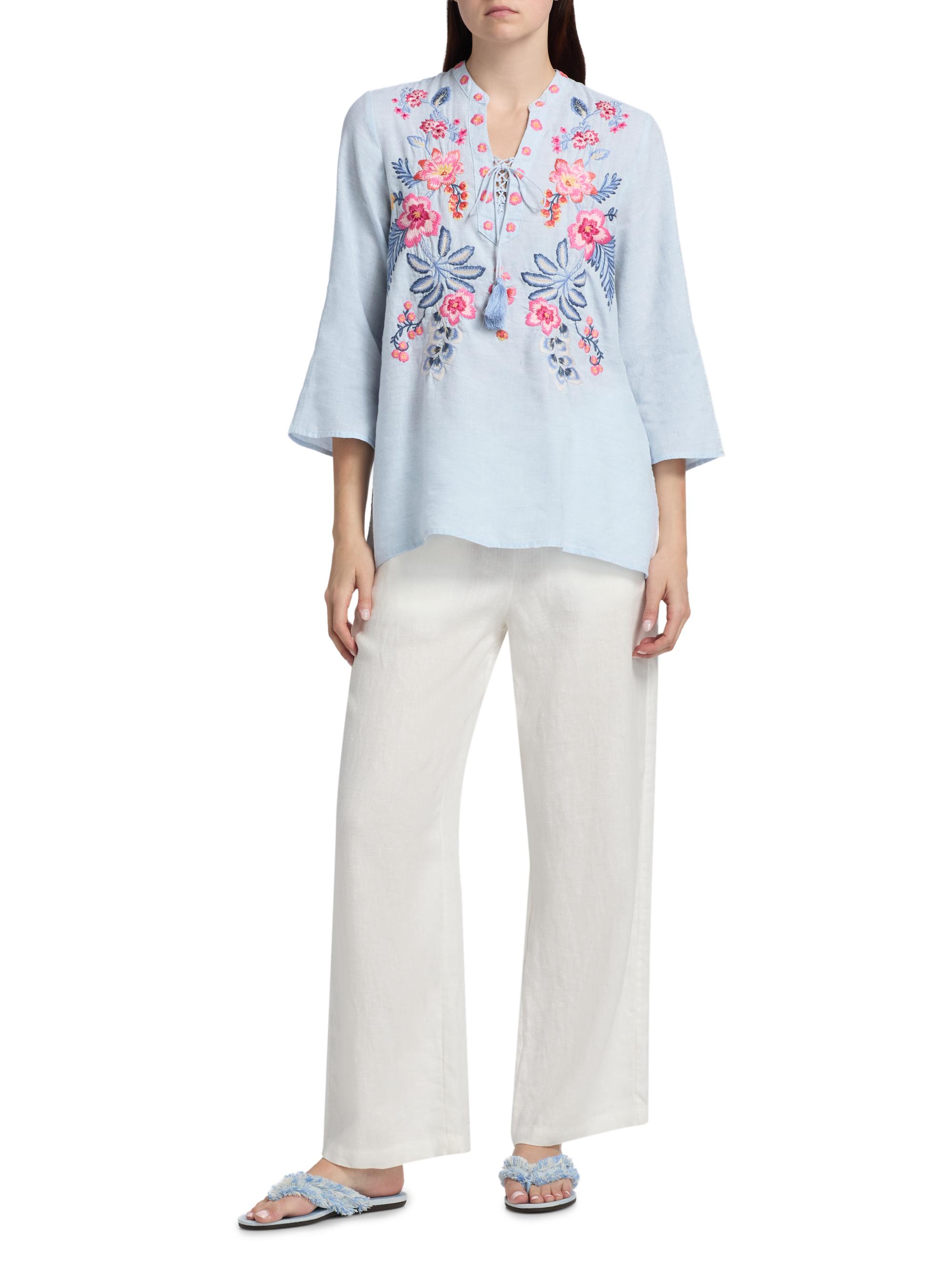 Johnny Was Women's Lirielle Embroidered Tie-Front Blouse - Blue Slub Linen | Thumbnail 2