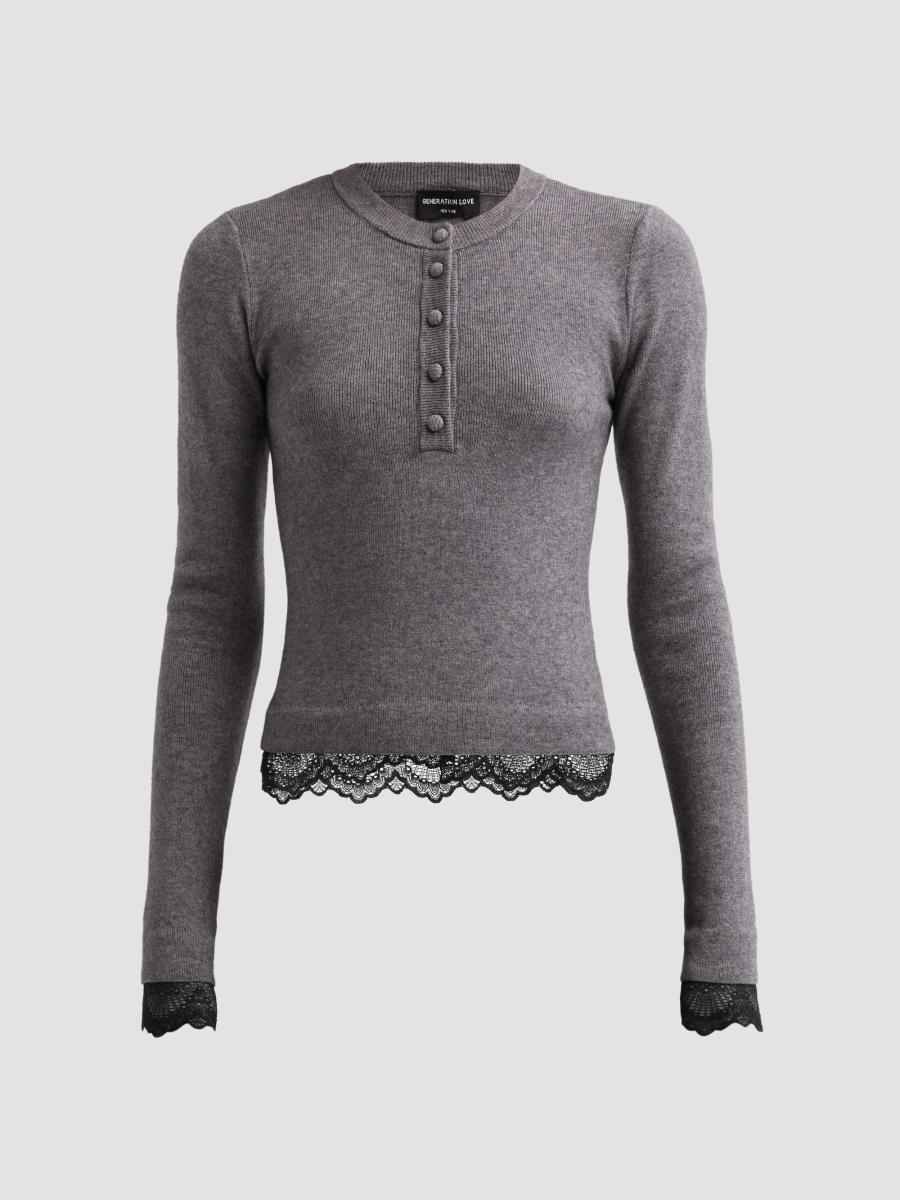 Generation Love Women's Olivia Lace-trim Henley Sweater In Heather Charcoal Black