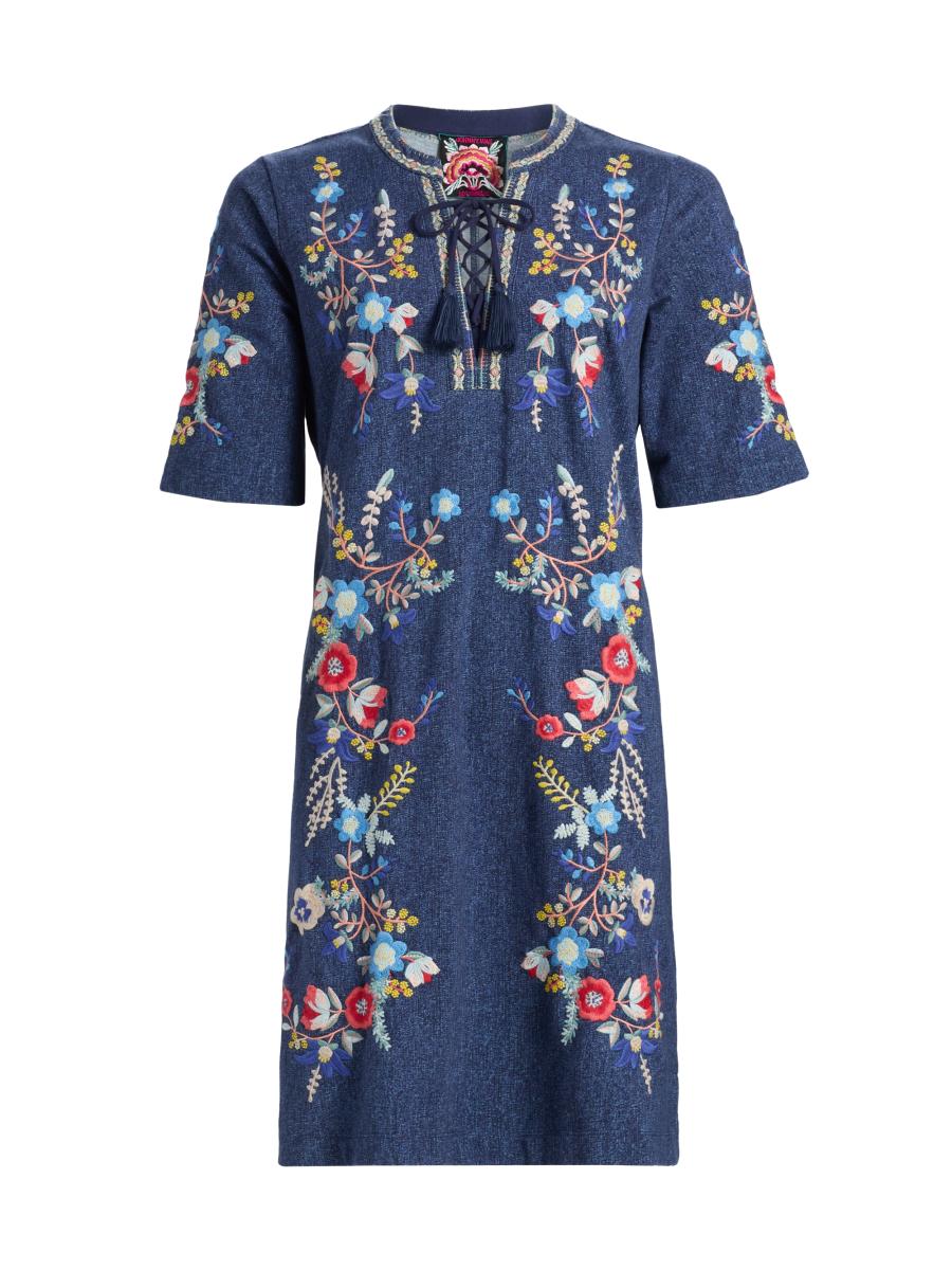 Johnny Was Women's Floral-embroidered Cotton Lace-up Minidress In Elowen Denim