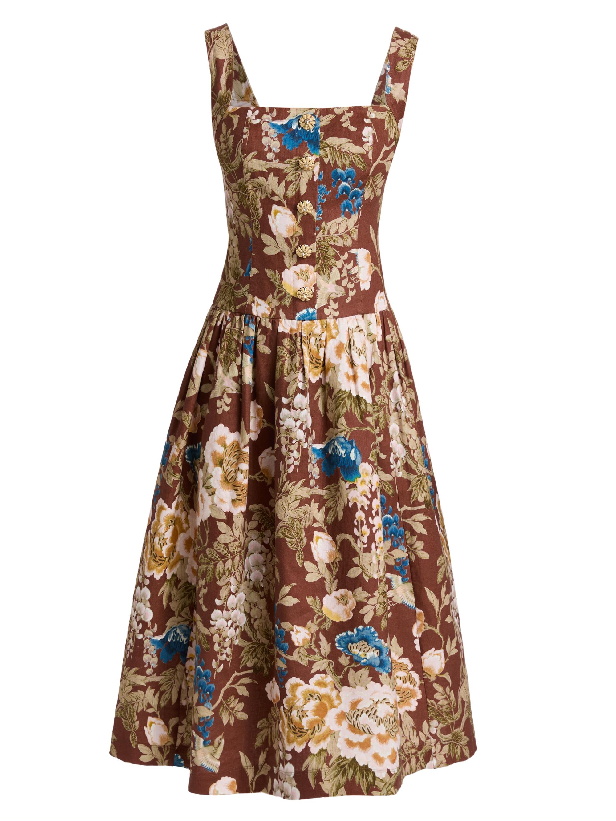Cara Cara Women's Feliz Floral Linen Midi Dress - Flora Meadow Brown