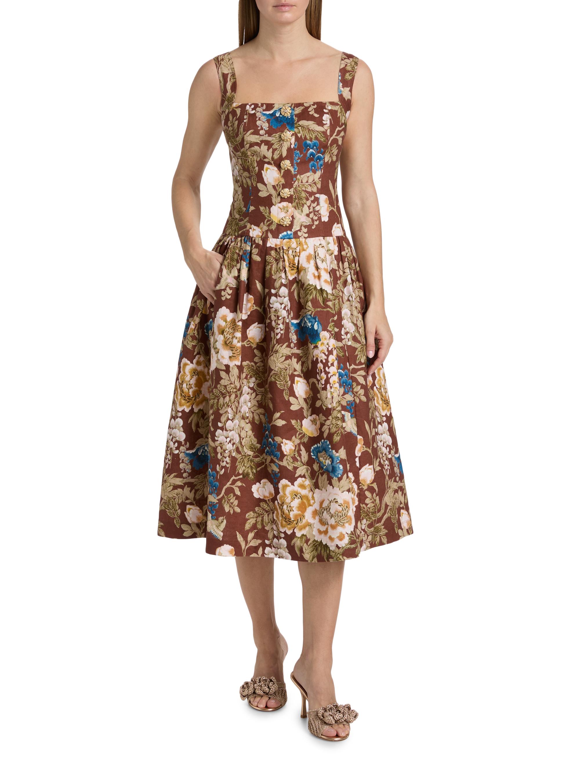 Cara Cara Women's Feliz Floral Linen Midi Dress - Flora Meadow Brown | Thumbnail 3