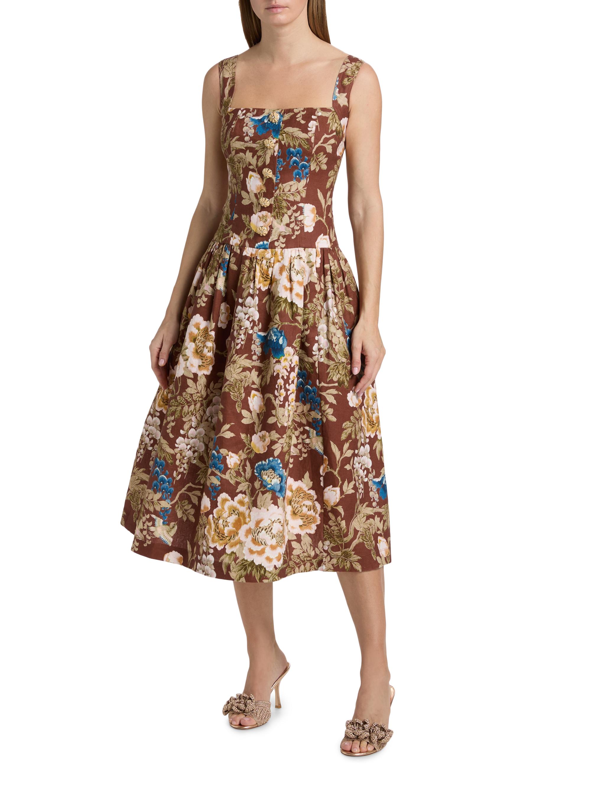 Cara Cara Women's Feliz Floral Linen Midi Dress - Flora Meadow Brown | Thumbnail 2