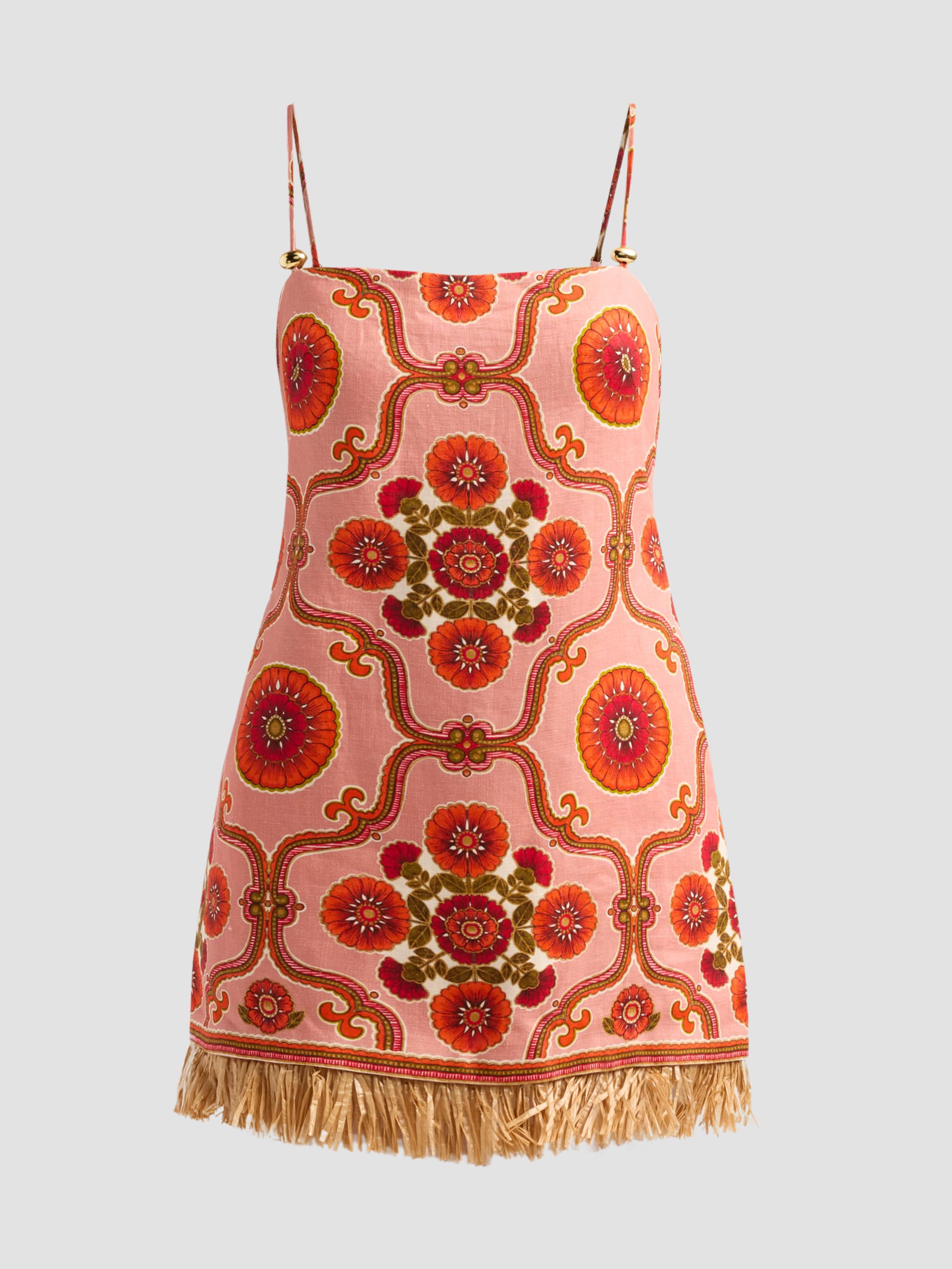 Cara Cara Women's Valencia Fringed Floral Linen Mini Dress - Mod Floral Brick