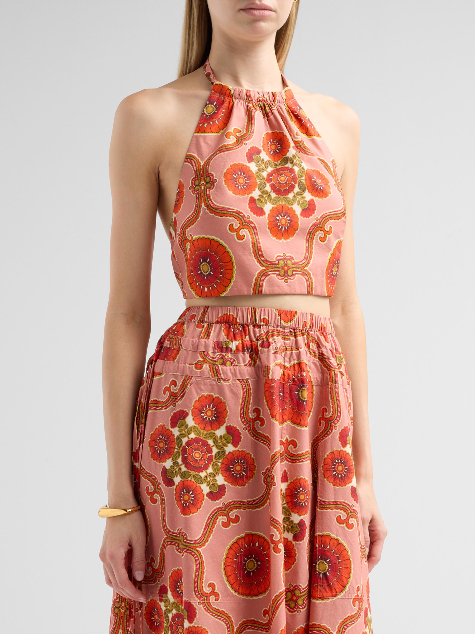 Cara Cara Women's Dahlia Poplin Halterneck Top - Mod Floral Brick | Thumbnail 4