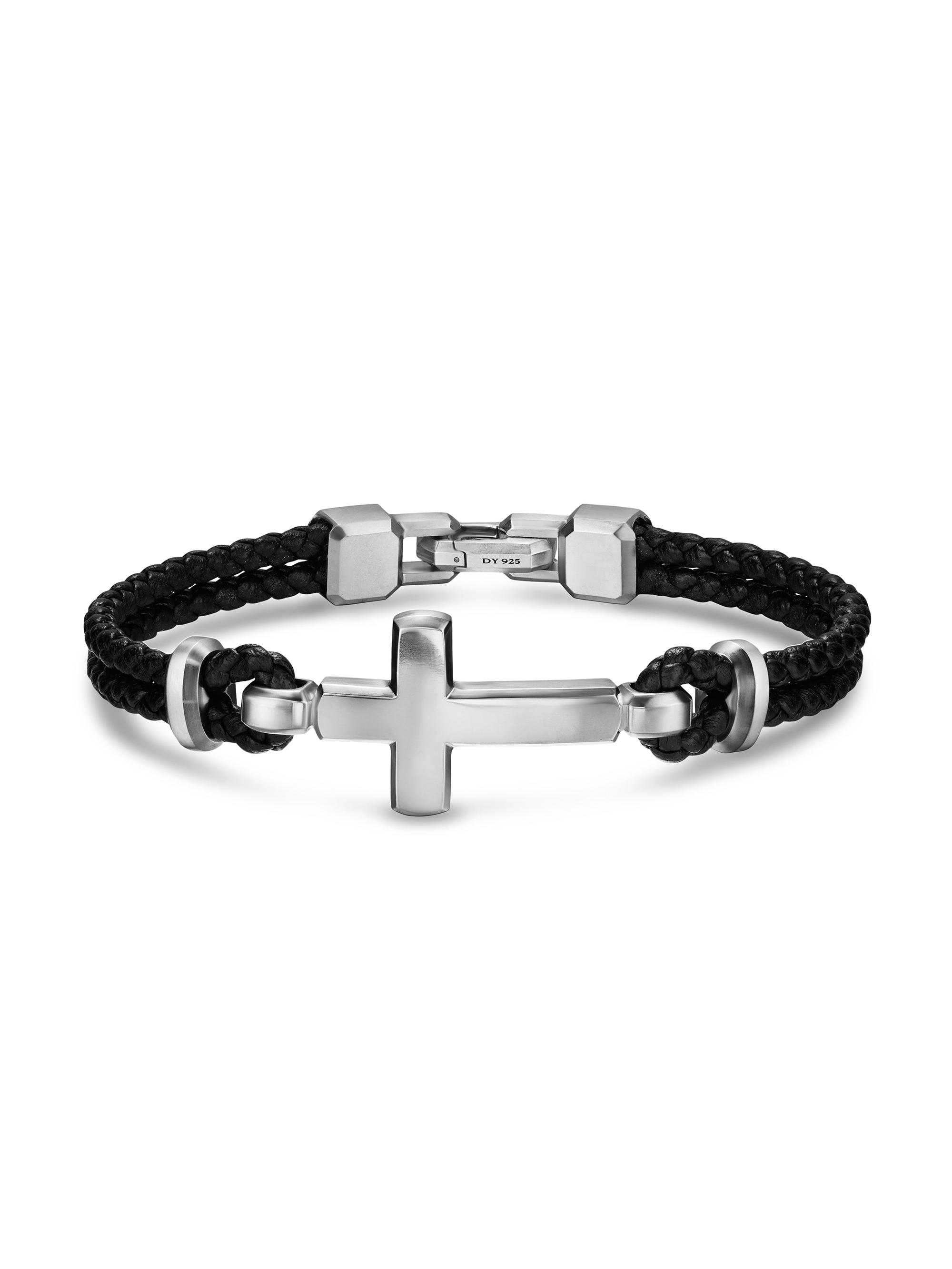 David Yurman Men's Streamline Cross Station Bracelet in Black Leather - Silver